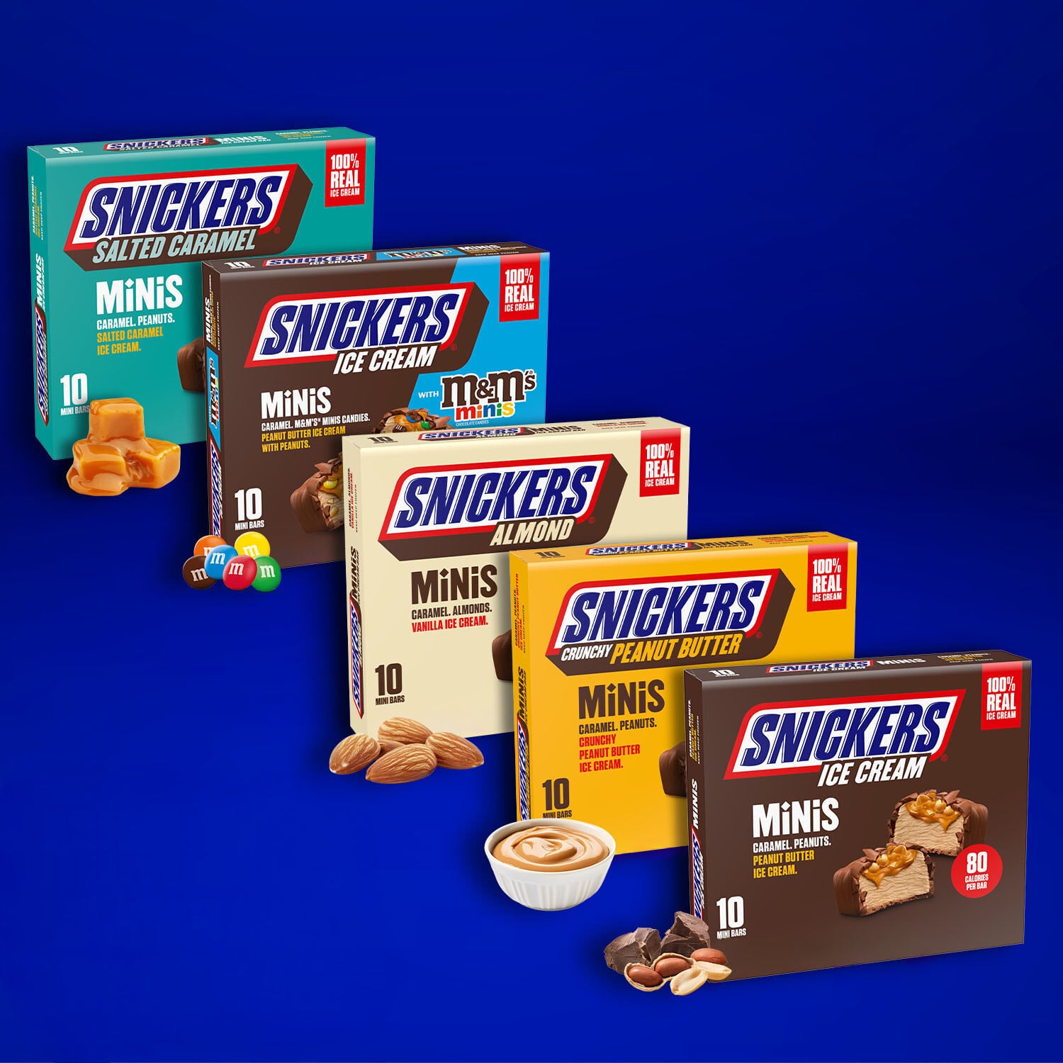 Snickers Ice Cream Minis range including new flavour variants.