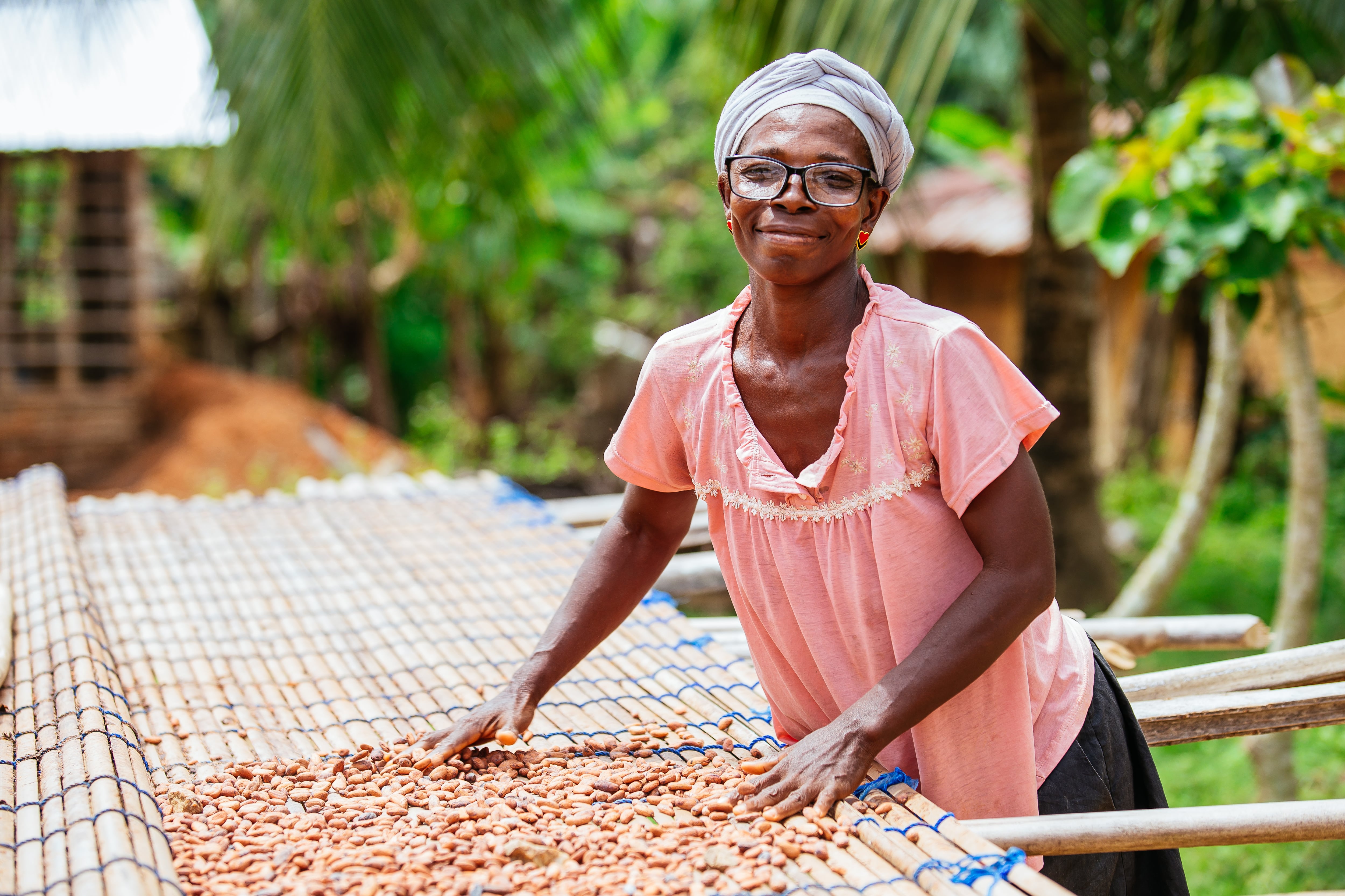 woman spreading cocoa beans