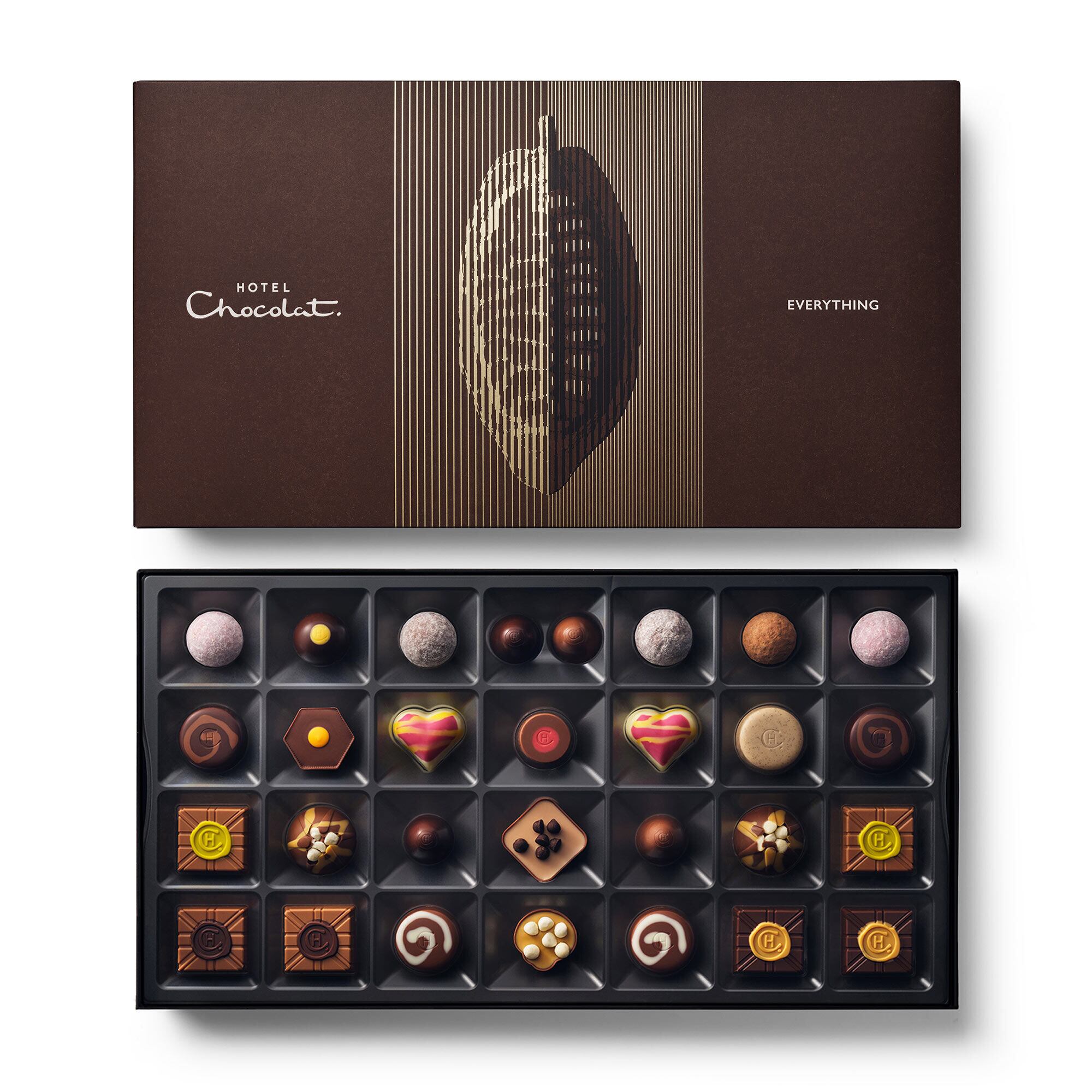 Large Hotel Chocolat 58‑piece chocolate selection with lid‑insert stories.