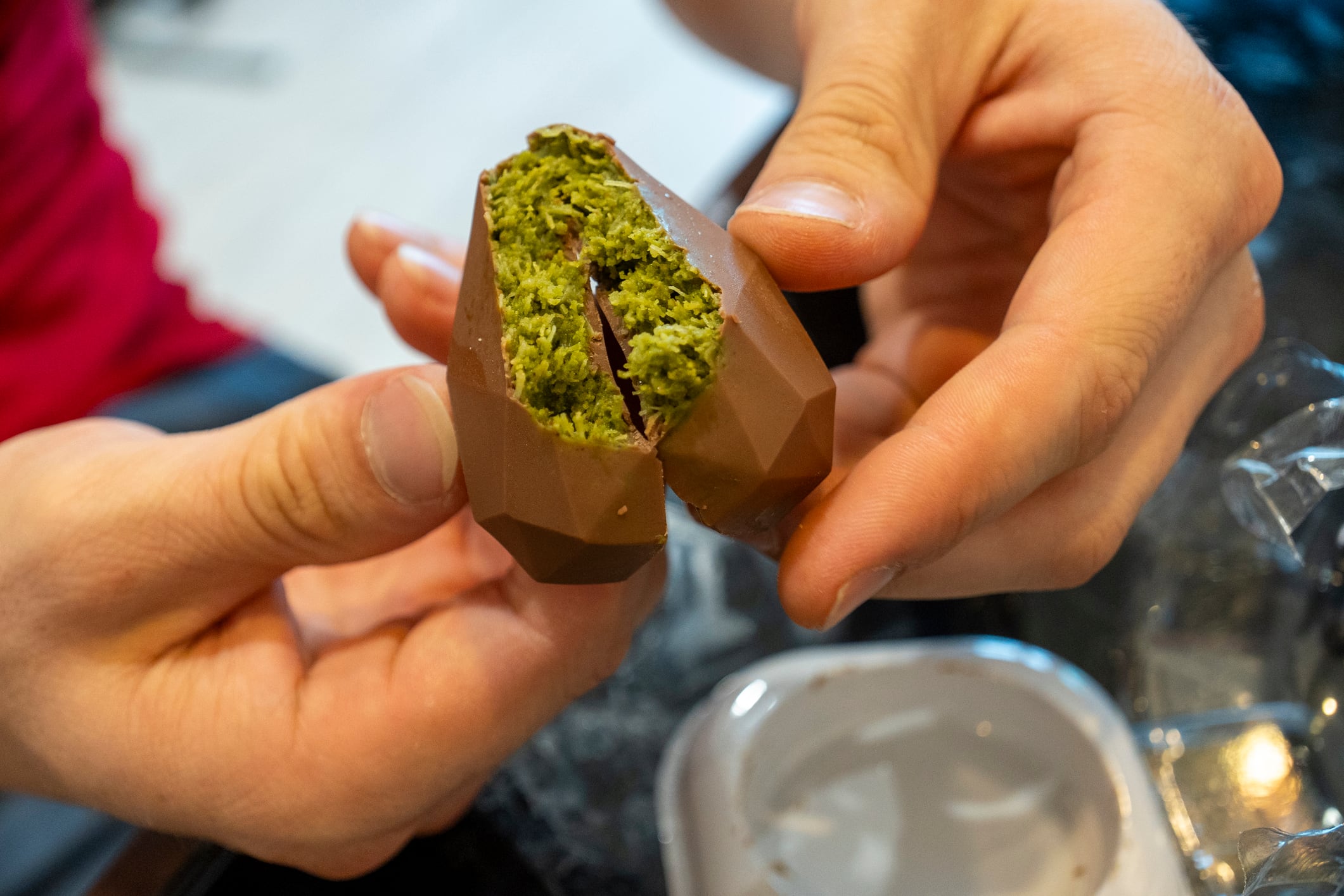 Dubai chocolate truffle open in the middle