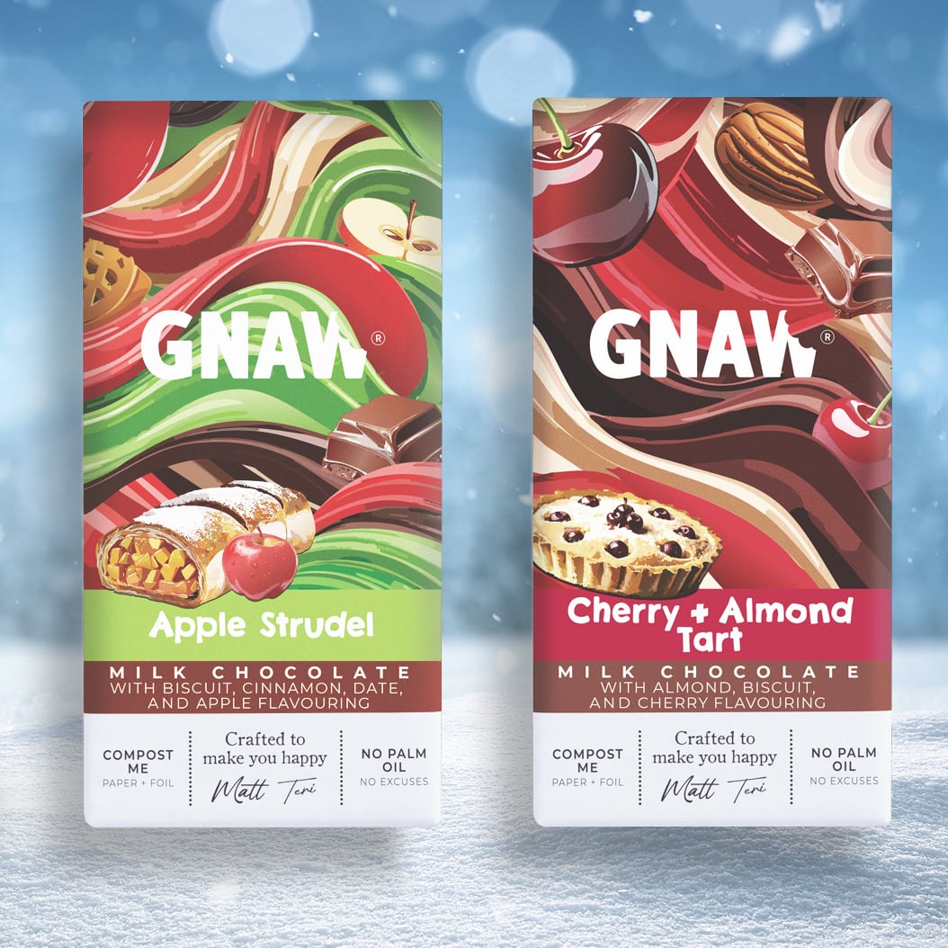 Gnaw pudding chocolate bars – nostalgic festive flavours in portable chocolate formats.