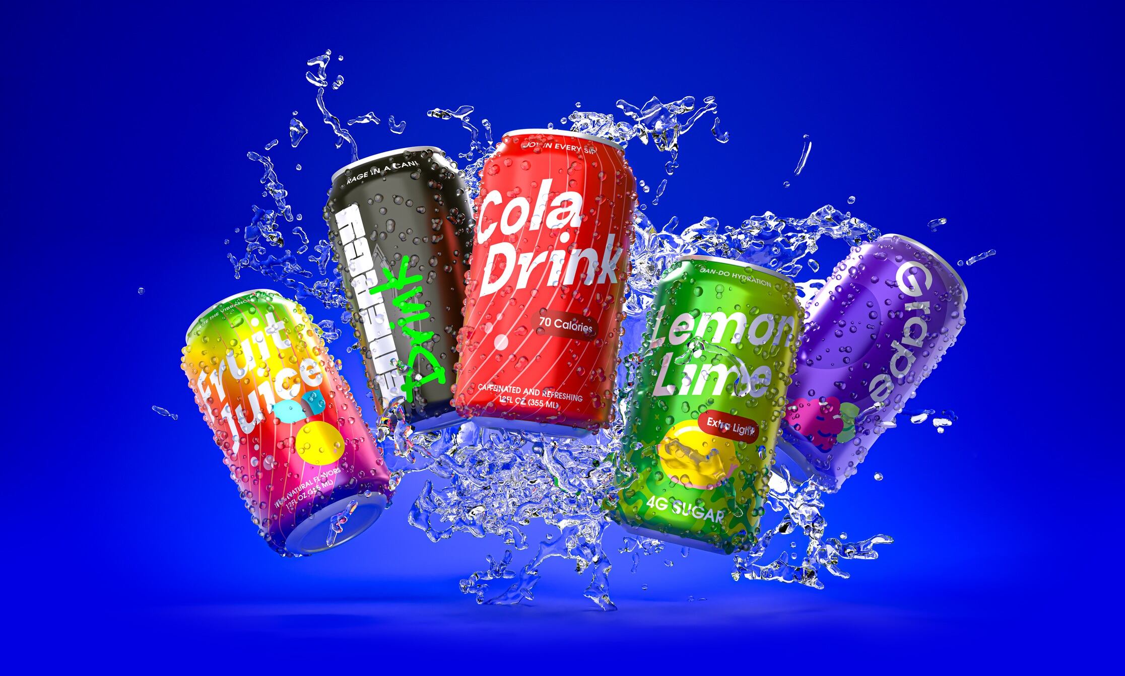 A variety of fictitious soft drinks (cola, energy drink, fruit juice, lemon lime, grape juice) splashing water