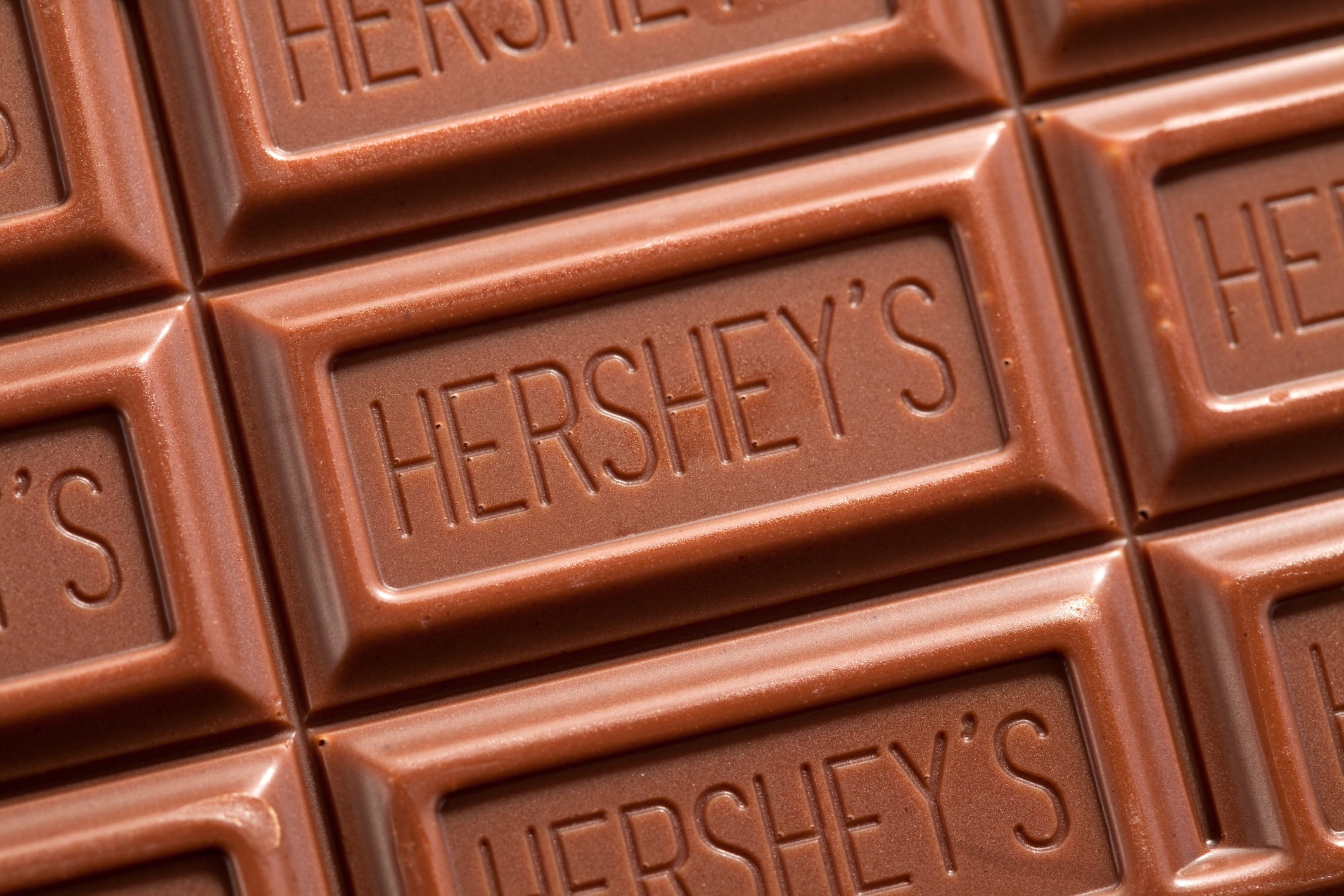 Close up shot of a Hershey's Chocolate Bar.