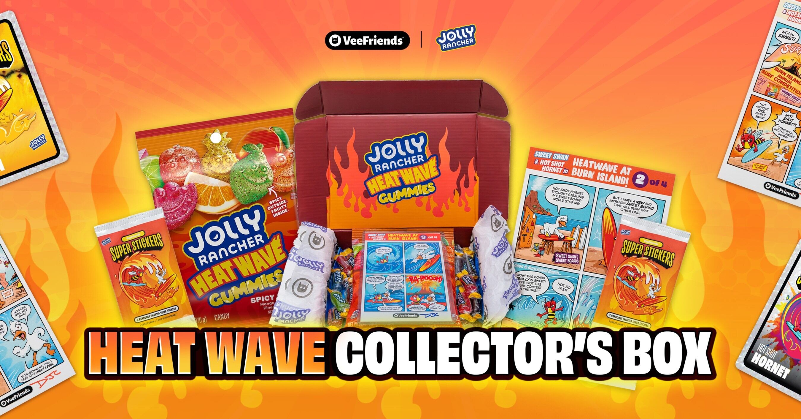 Packs of Jolly Rancher Heat Wave Gummies and collector‑box contents.