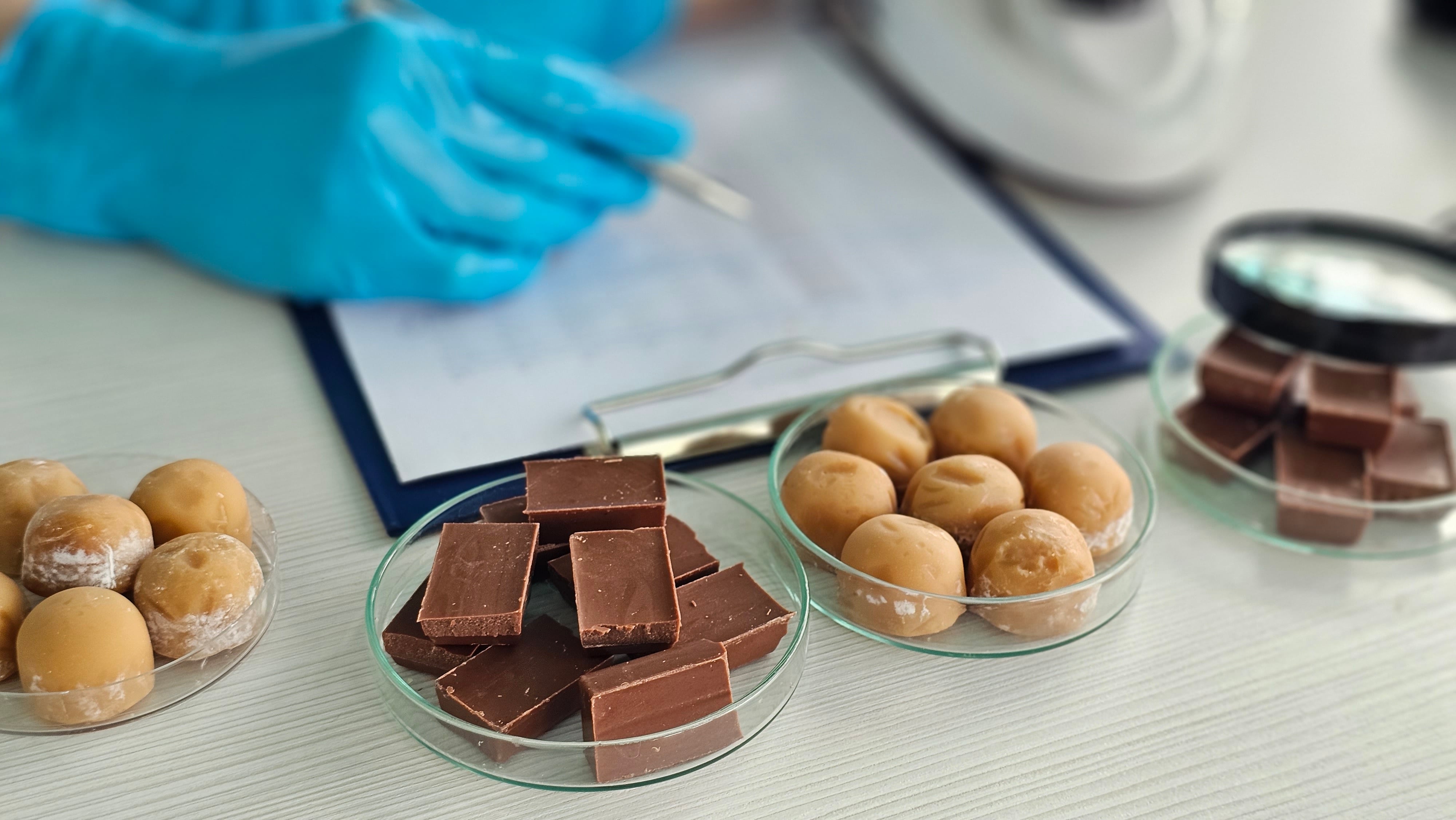 Chocolate testing process in a lab with various samples Nadzeya Haroshka GettyImages
