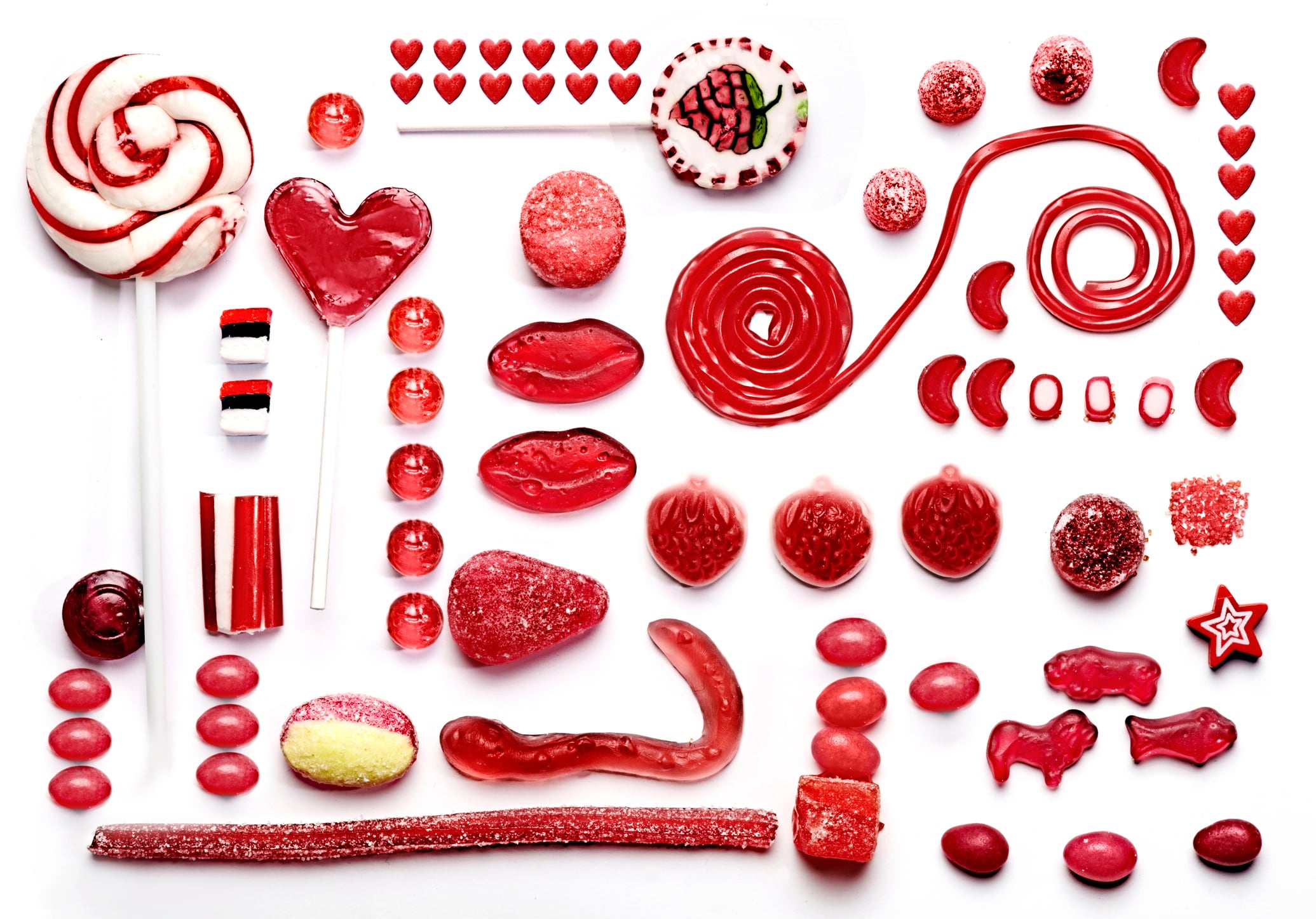 grid of red sweets and candy, gummy treats & food