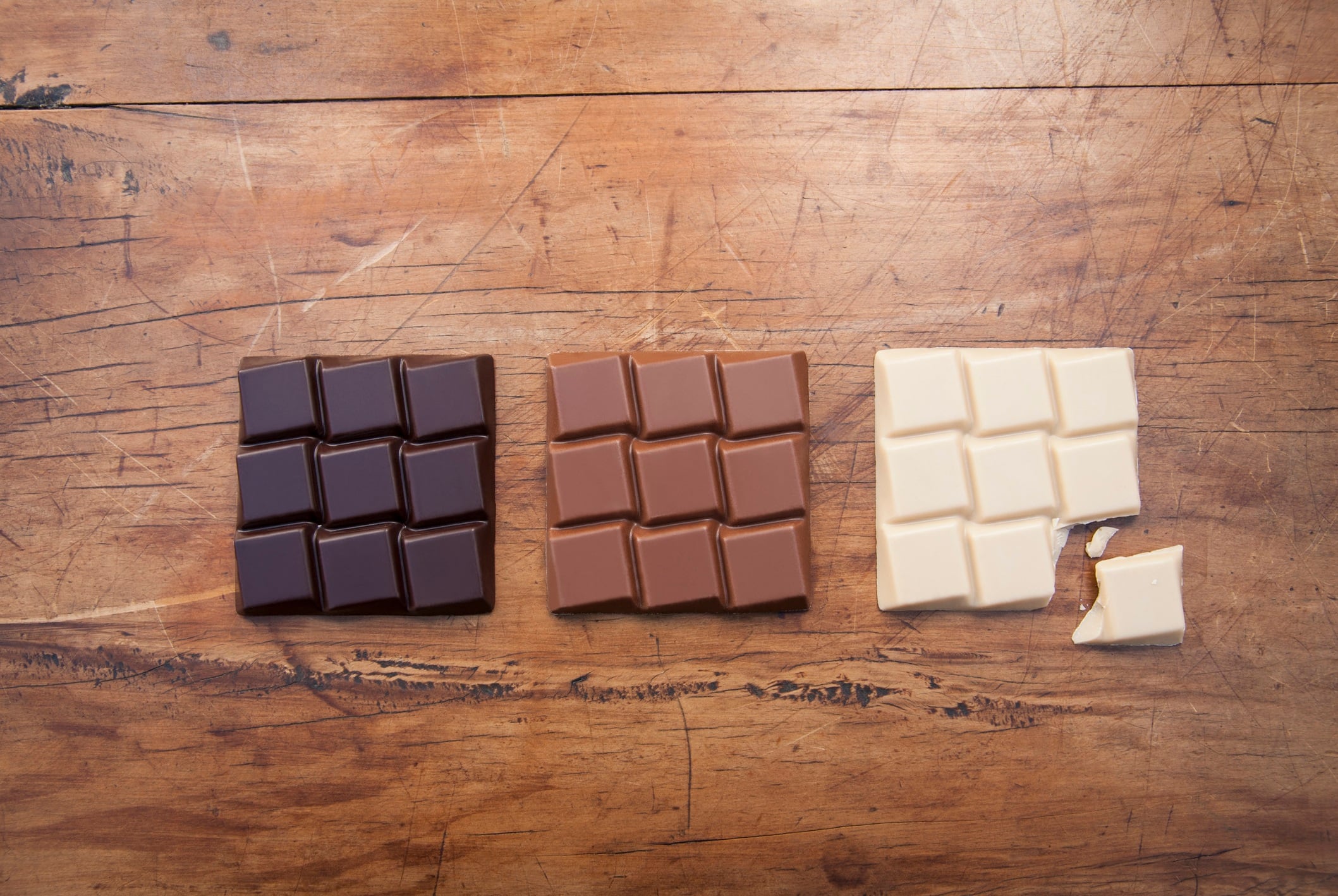 White, dark and milk chocolate squares on wooden background.