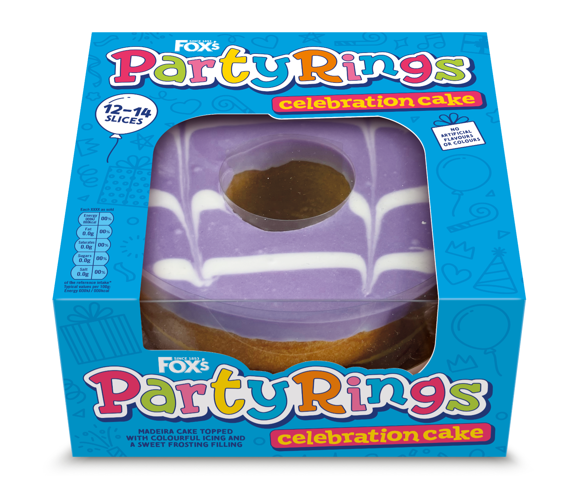 Party Rings Celebration Cake – biscuit-inspired sponge cake for birthdays and festive gatherings.