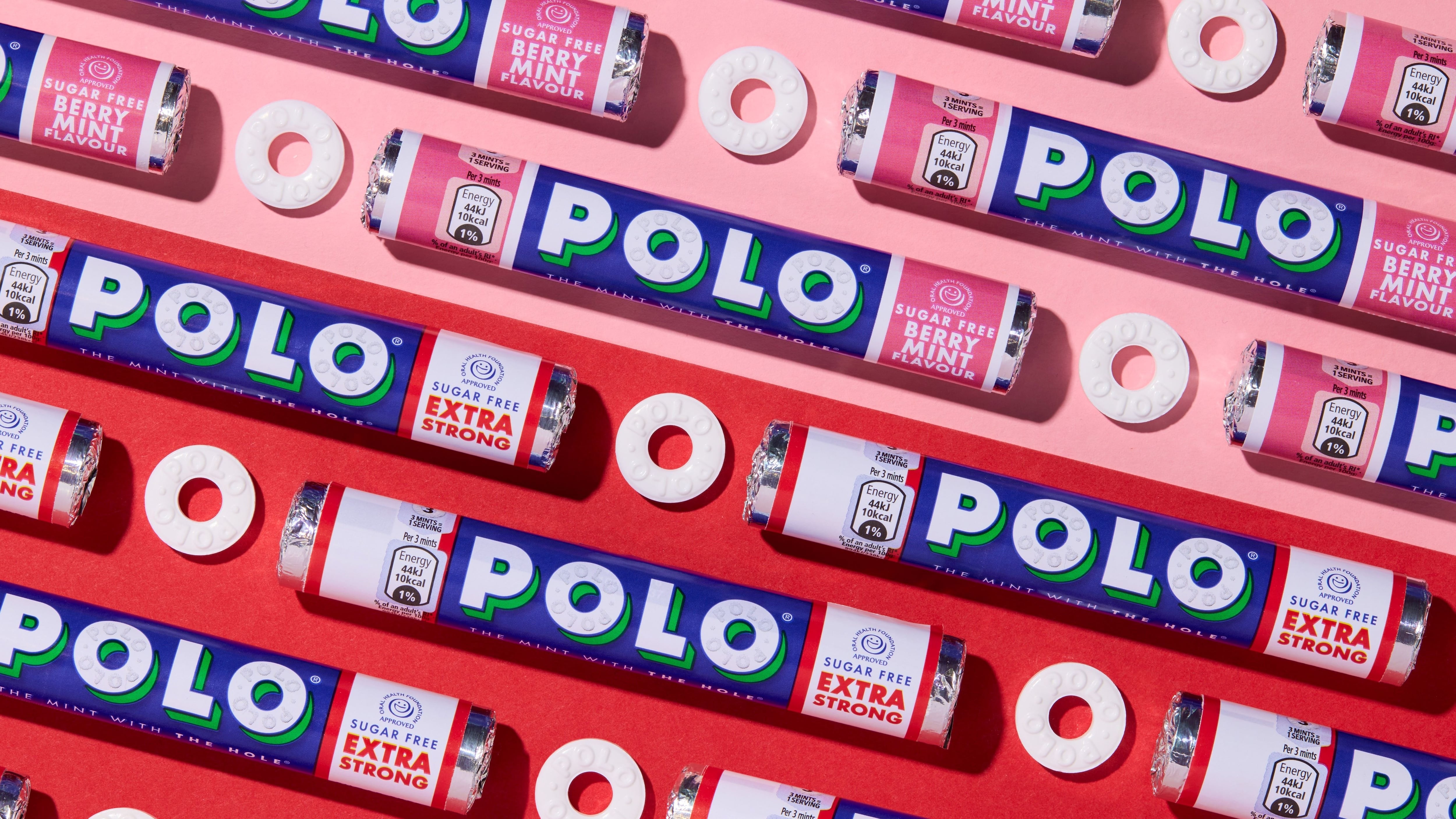 Packs of POLO Sugar-Free Extra Strong and Berry Mint mints.