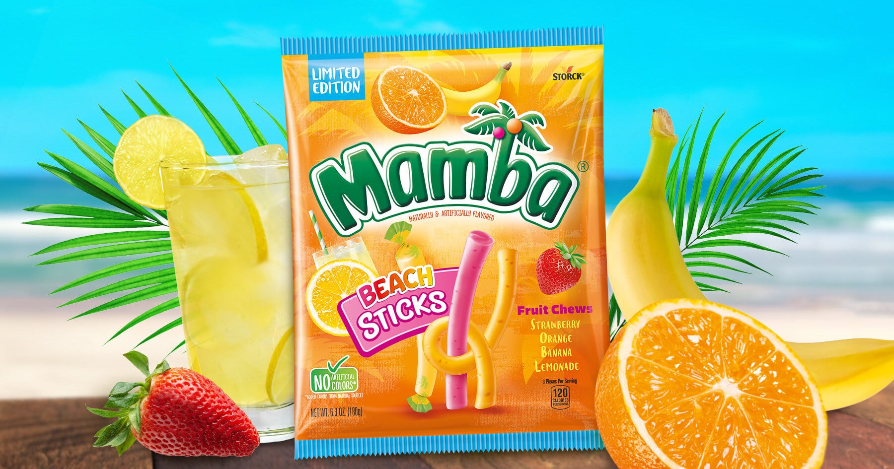 Packshot against of tropical background of Mamba Fruit Chews' Beach Sticks.