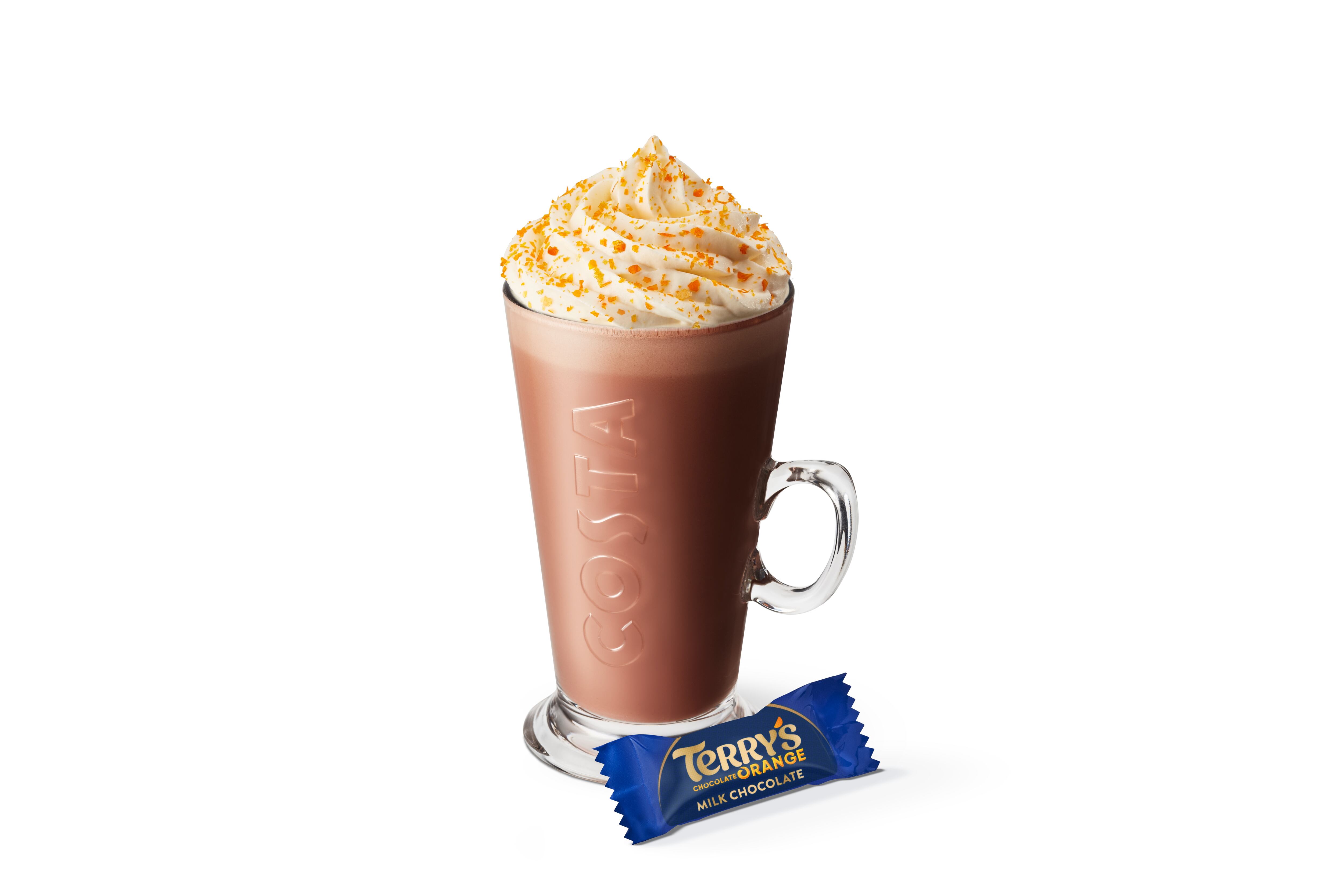 A cup of Costa Terry's Chocolate orange hot chocolate.