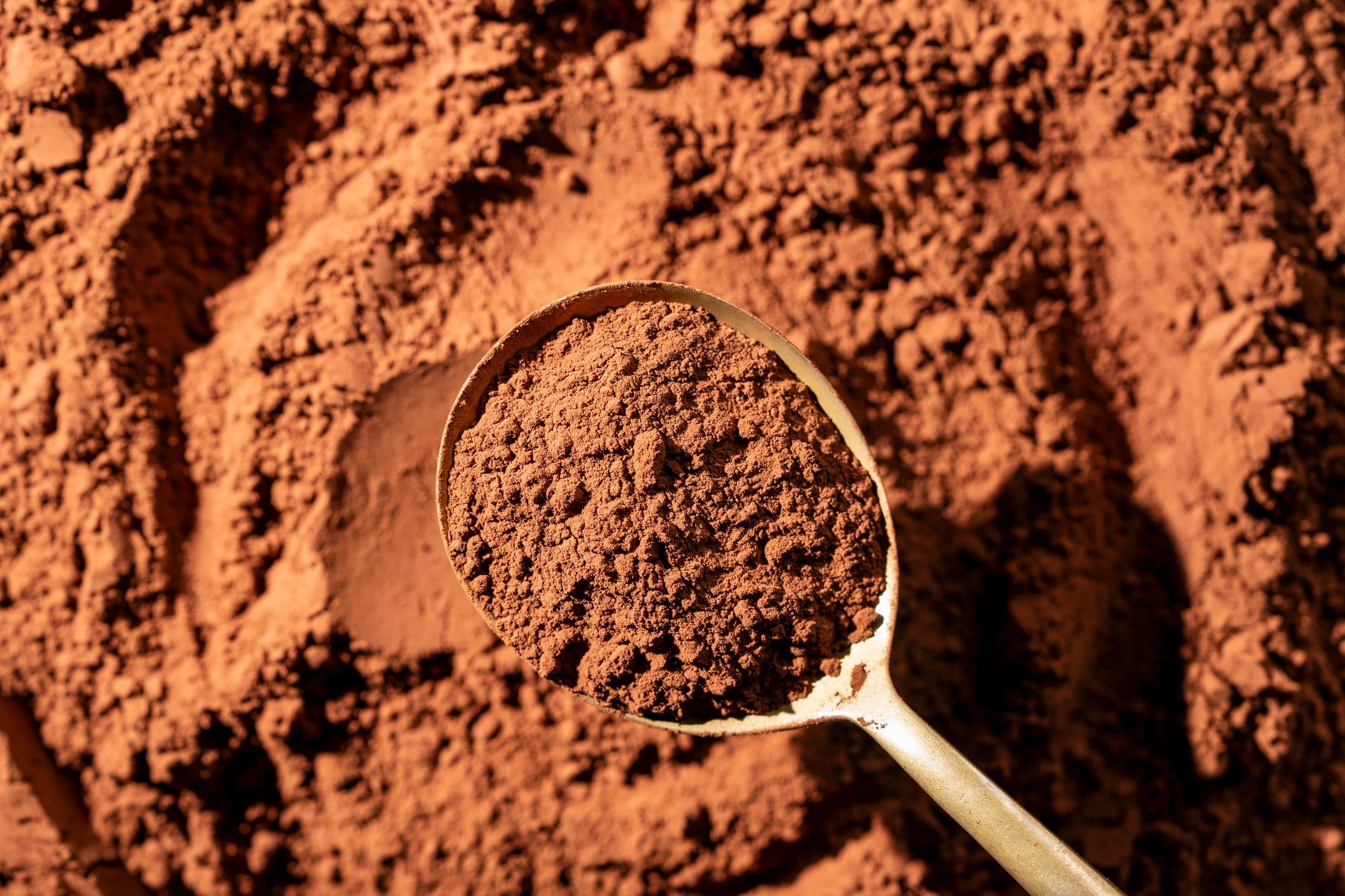 Natural dark brown cocoa powder in spoon in the background, top view, close up. Heap of organic cacao powder