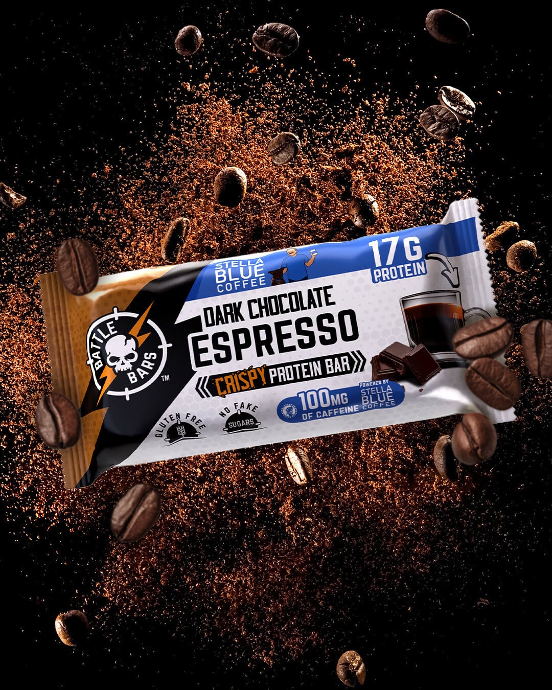 A packshot of Battle Bars and Stella Blue's Dark Chocolate Espresso Battle Bar on a black background with coffee beans exploding around it.