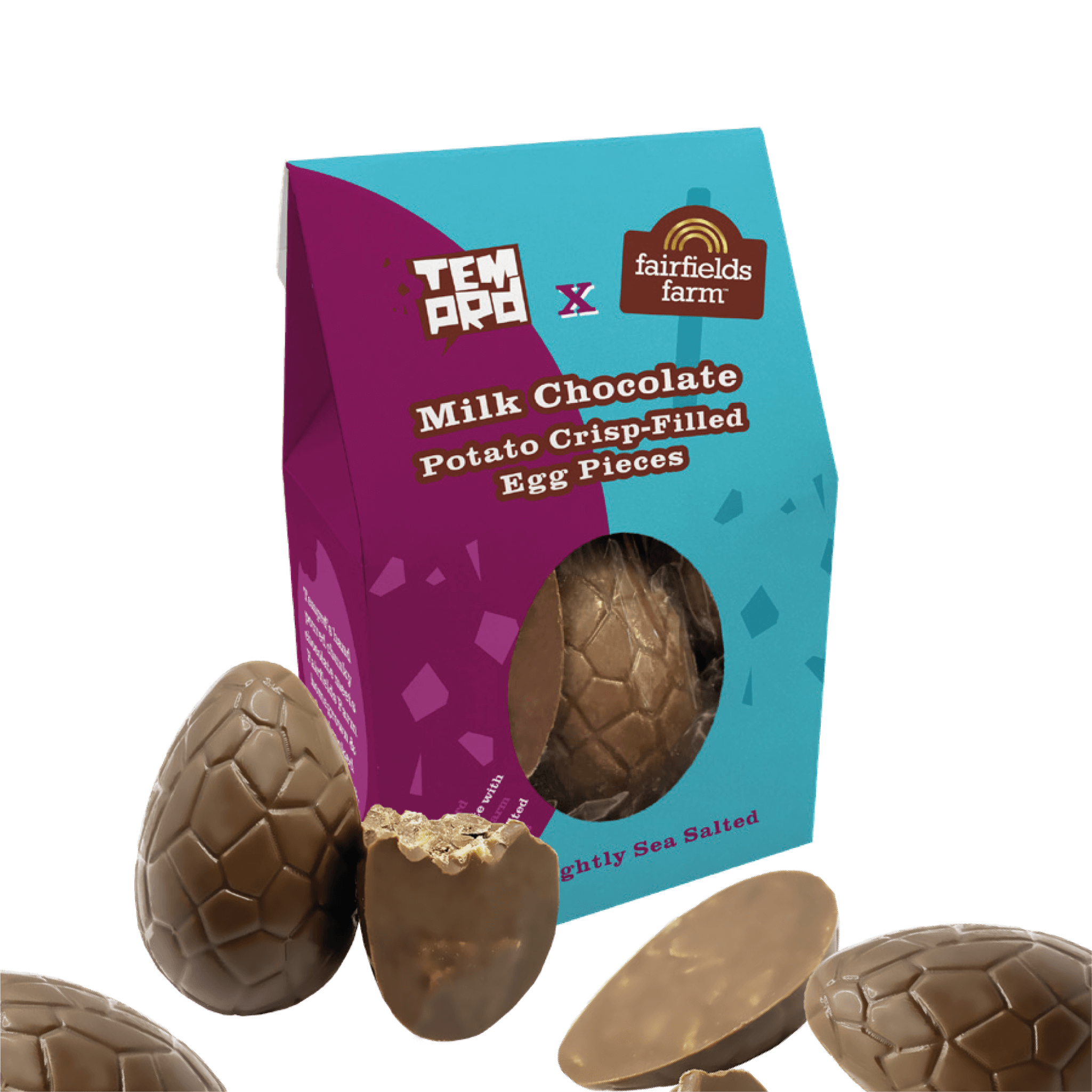 Box of Fairfields Farm and TEMPRD milk chocolate egg pieces filled with crisp shards.