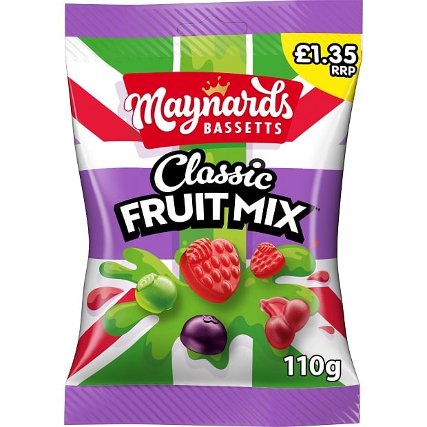 Maynards Bassetts Classic Fruit Mix sweets with apple, cherry, strawberry, and blackcurrant – non-HFSS fruit confectionery with real juice
