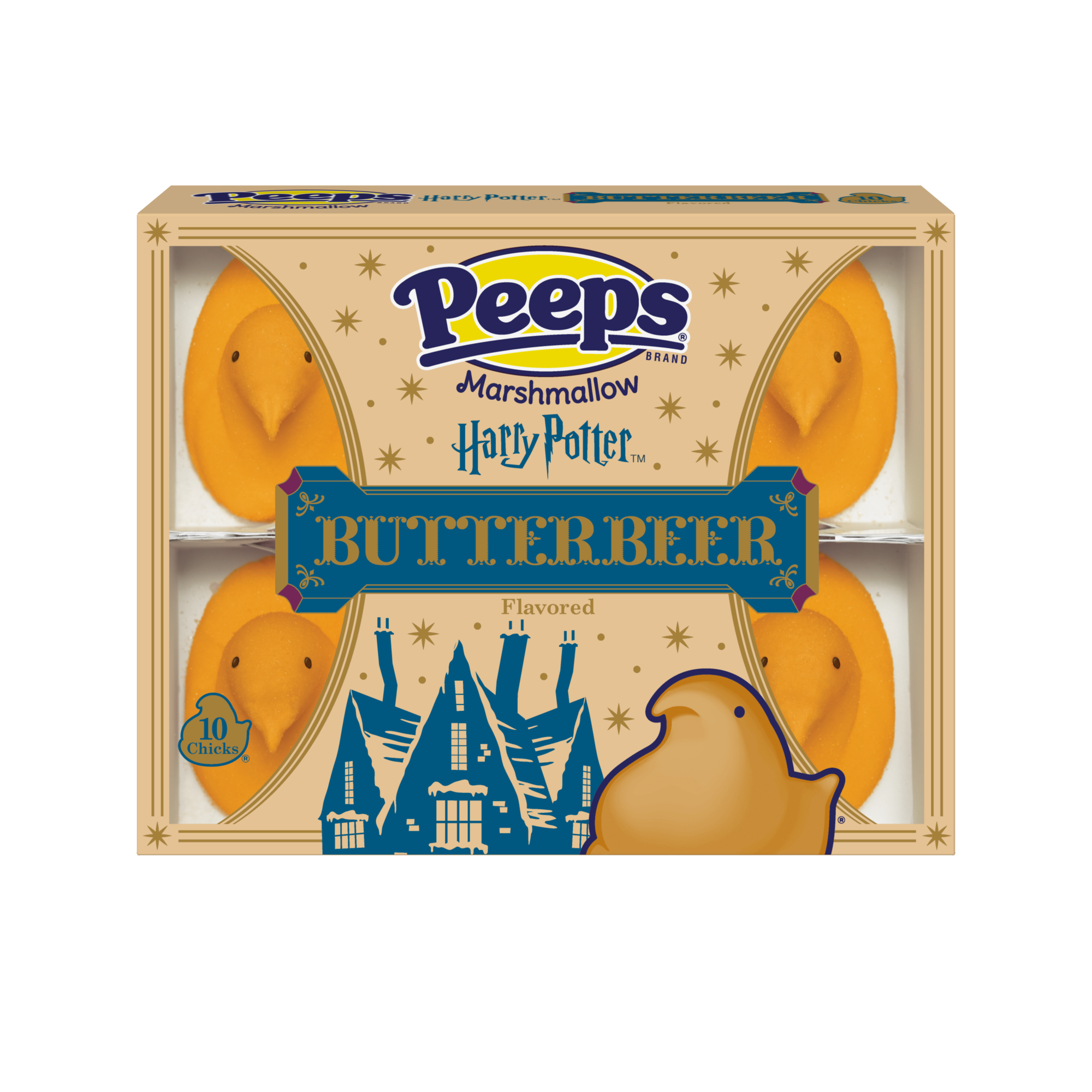 Peeps Butterbeer‑flavoured marshmallow chicks in Harry Potter‑branded packaging.