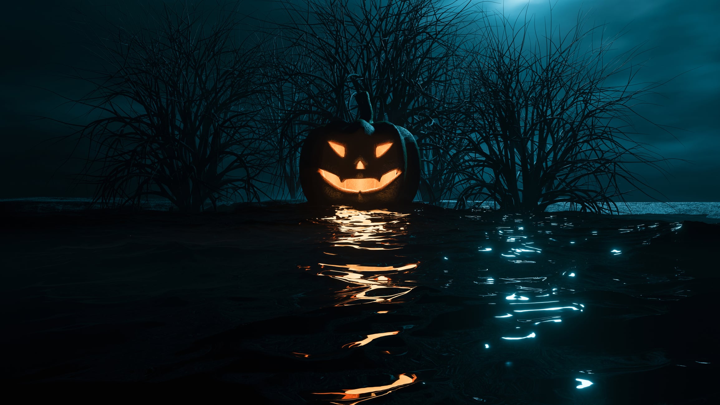Mystical Scene With Pumpkin Floating On Dark Water At Night.