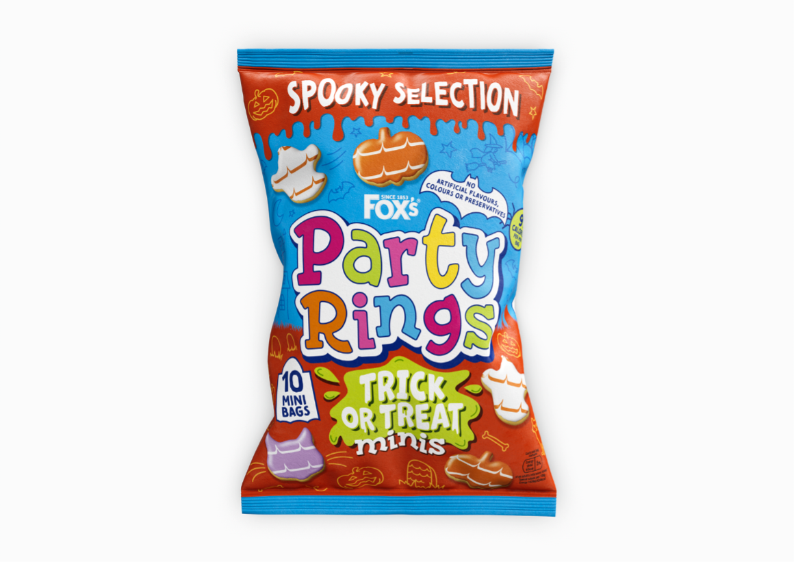 Mini bags of Party Rings featuring Halloween shapes like bats and pumpkins, with seasonal icing colours, ideal for trick-or-treating.