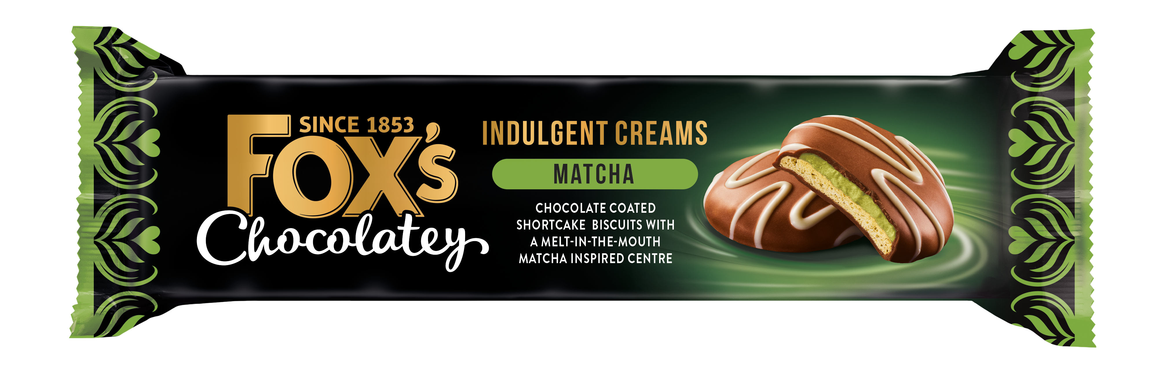 Chocolate-covered biscuit with matcha cream filling.