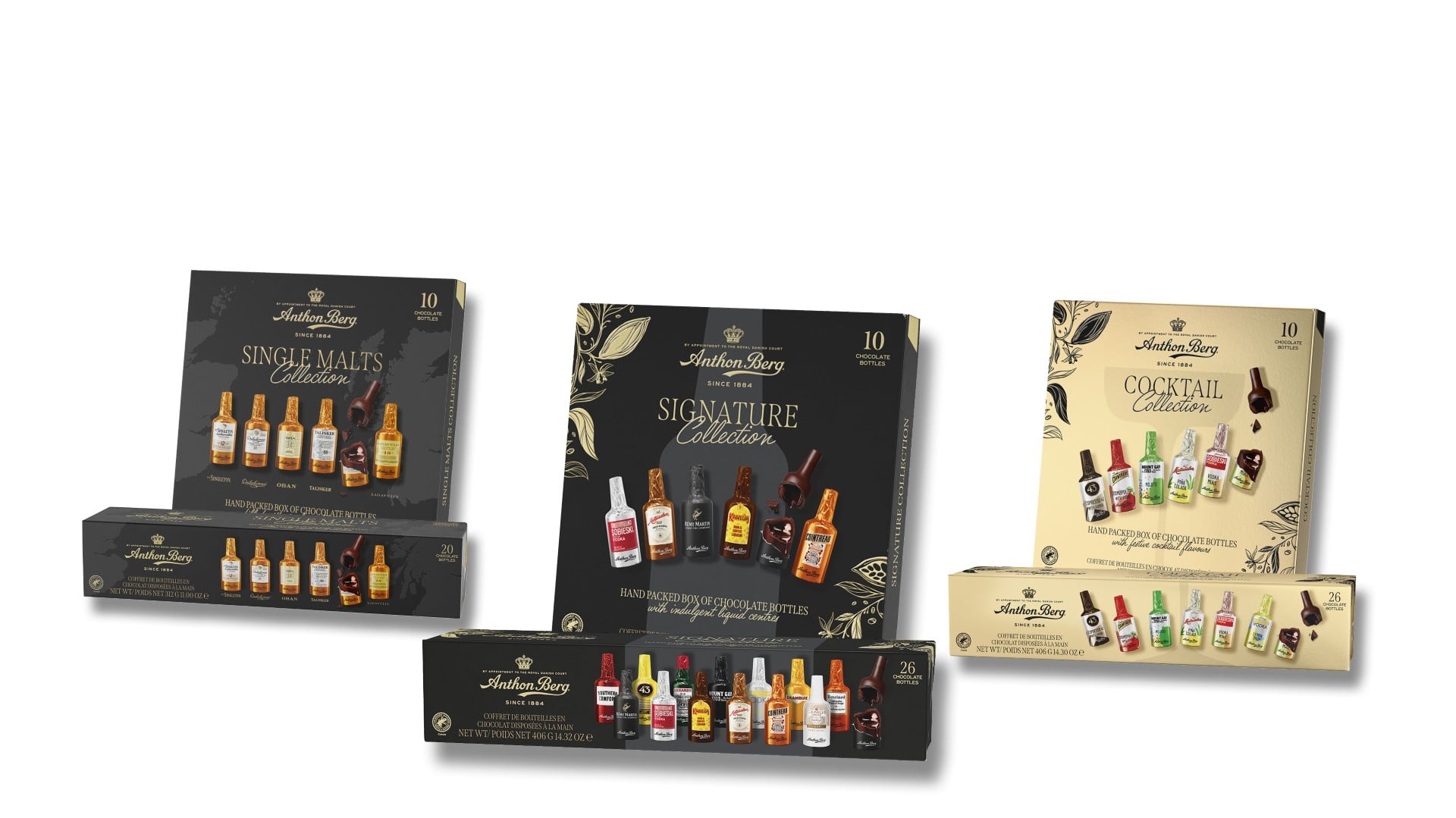 Anthon Berg chocolate bottles with Malibu and Kahlúa – premium liquor-filled chocolates for global gifting occasions.