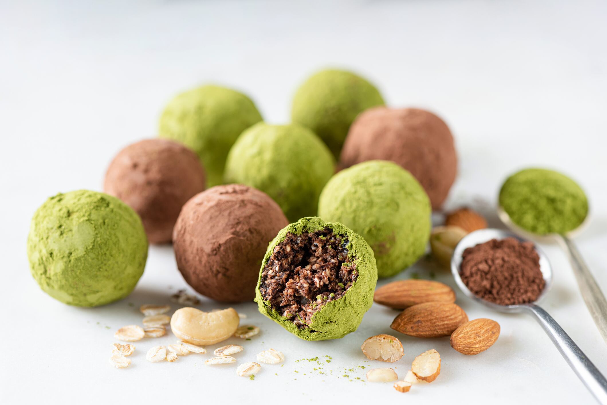 What innovations in plant-based chocolate? Image: Vegan Chocolate Date Truffles With Green Tea Matcha Powder And Nuts