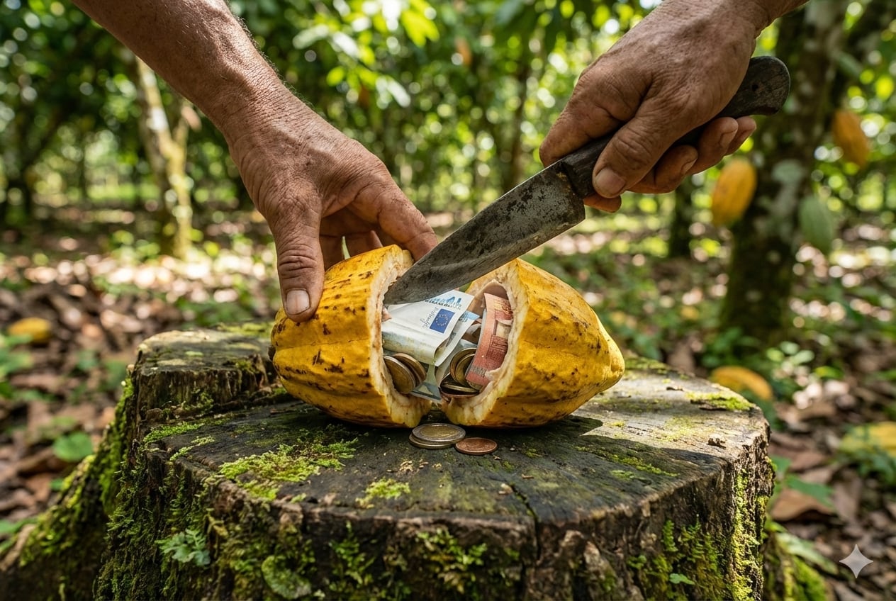 Cocoa pod full of euros in the forest