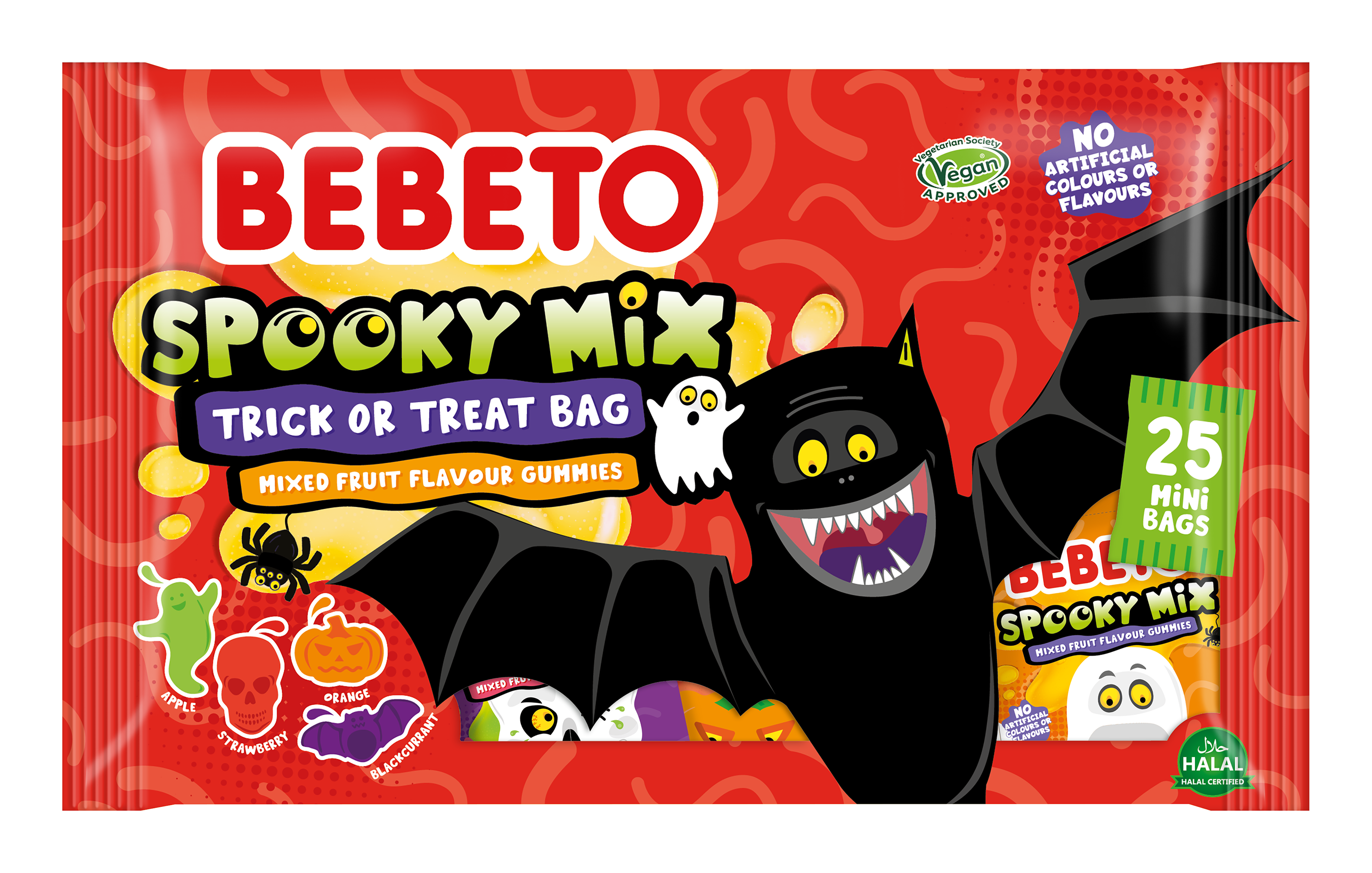 Assorted Bebeto Halloween gummy packs including Witches Cauldron and Spooky Mix, featuring themed shapes and vibrant seasonal designs.