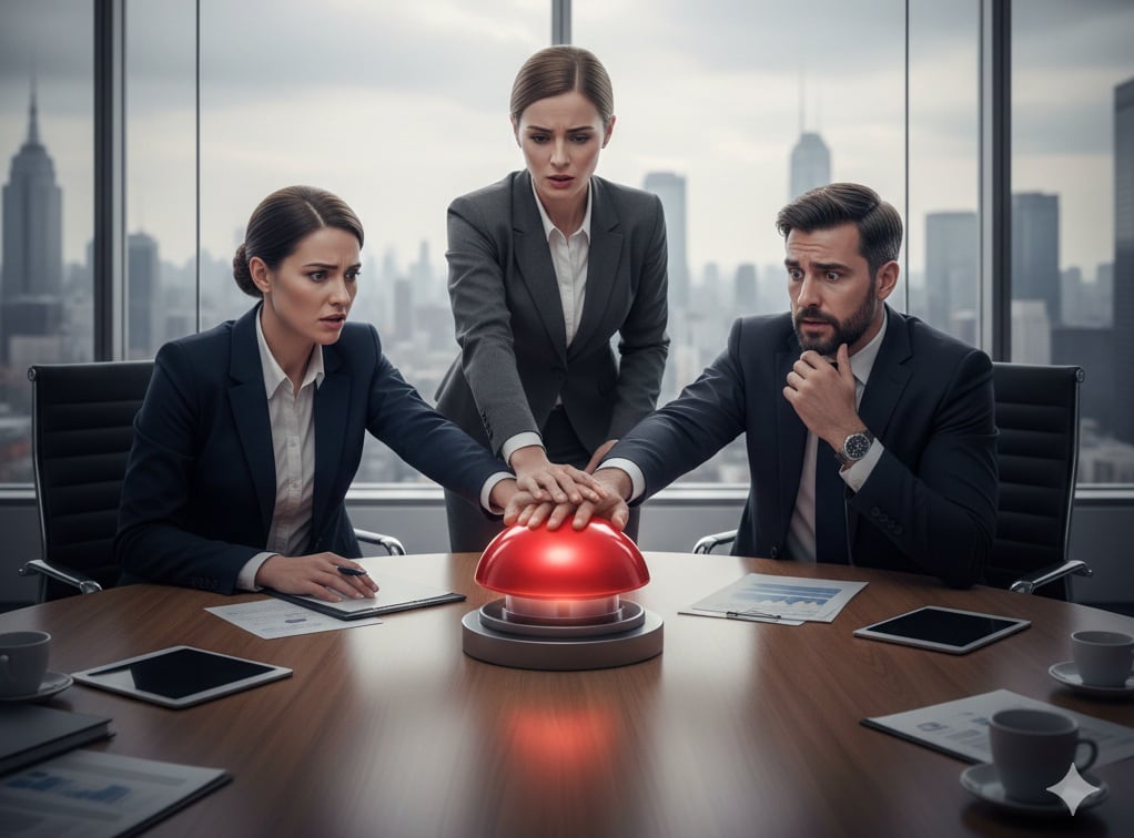 Executives in office pressing red button.