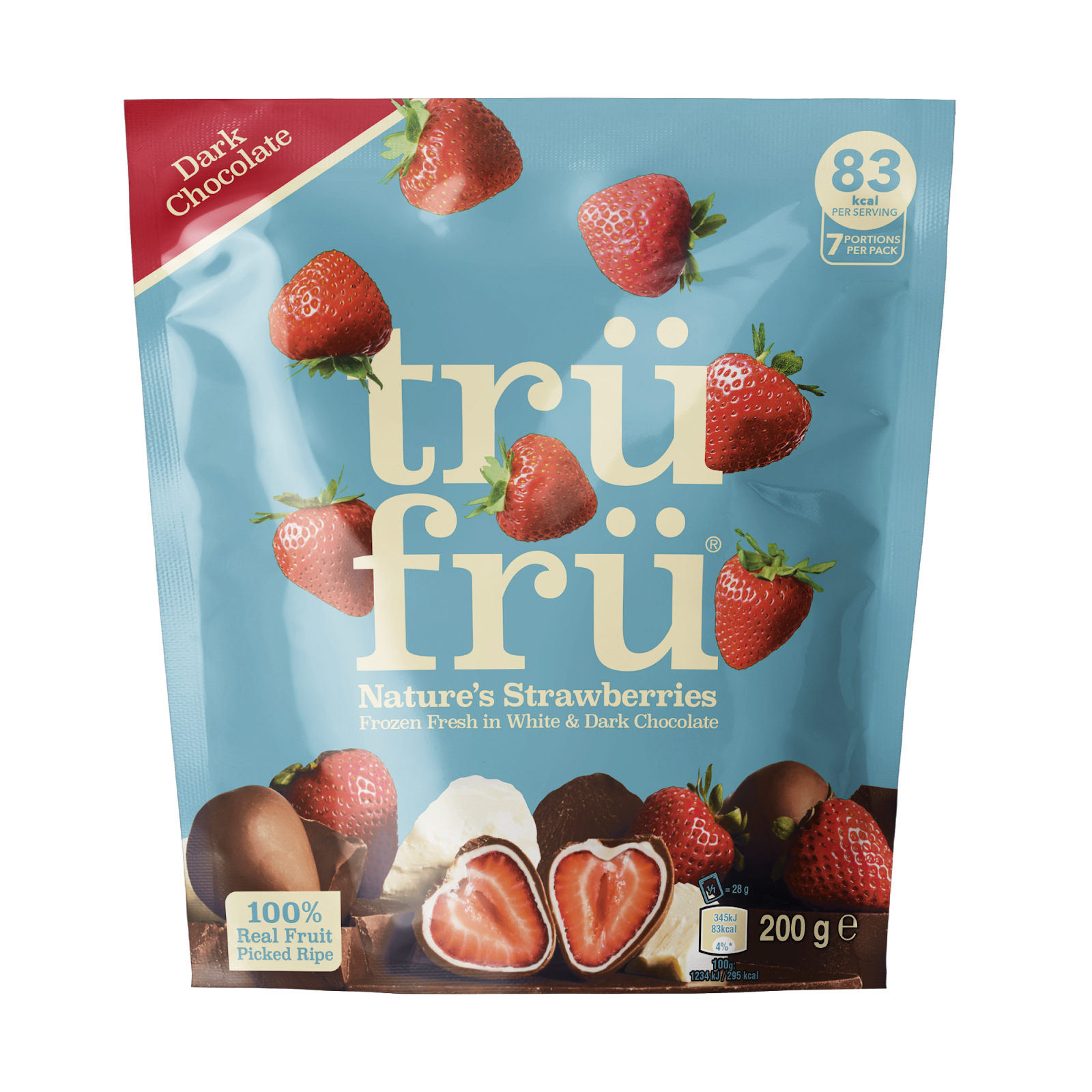 Frozen strawberries coated in white and dark chocolate displayed in a 200 g Trü Frü pack.