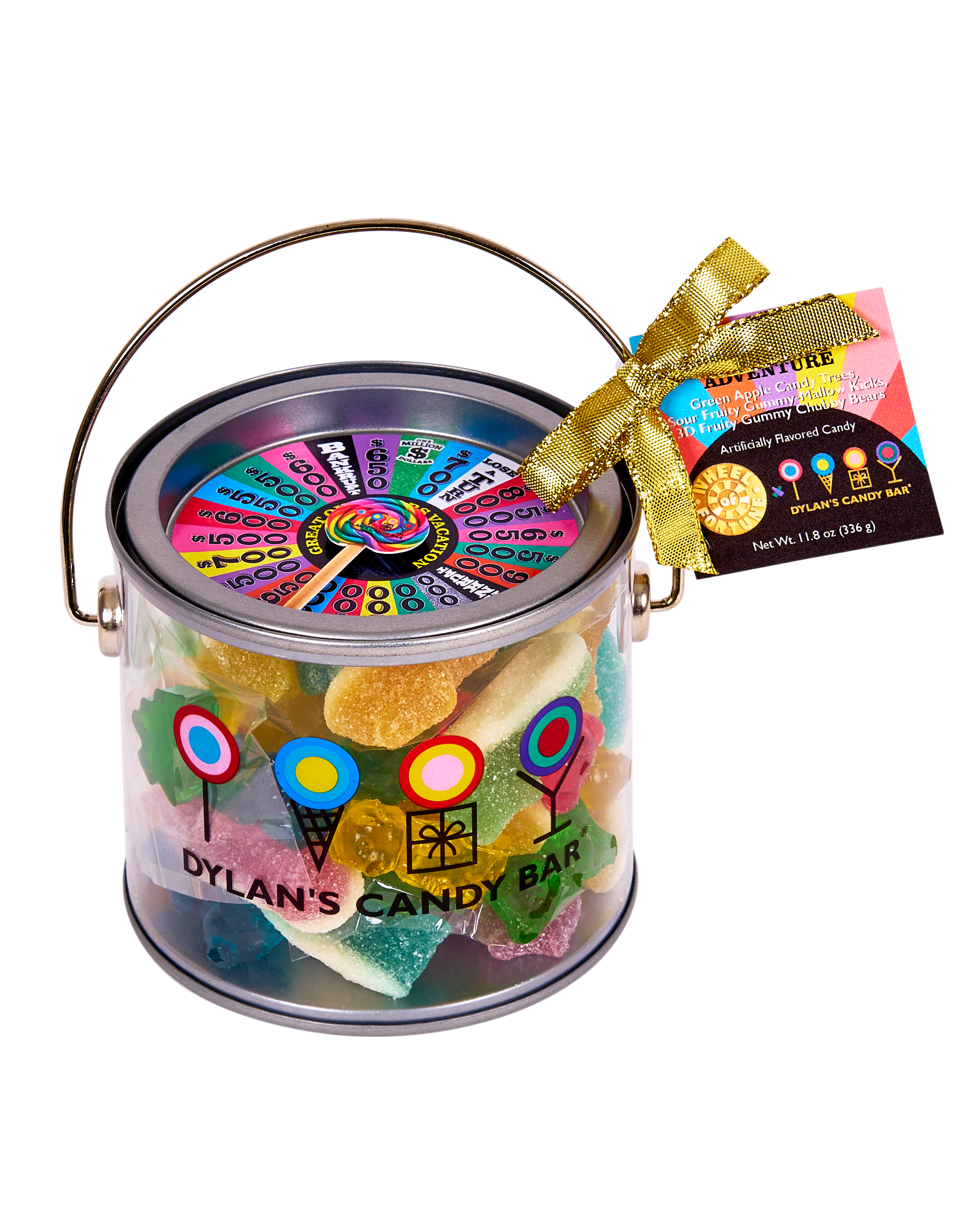 Wheel of Fortune: Paint Can Great Outdoors
Final DCB Product Description: 
These treats are off the beaten path and perfect for your next road trip, hike or camping excursion! Filled with a mix of nature-themed sweets, this resealable paint can is a fantastic party favor, hostess gift or watch-party snack during Wheel of Fortune’s Great Outdoors Vacation episode.  

For added fun, spin the wheel’s Whirly Pop® and hope it doesn’t land on Bankrupt! 

Component Copy: 
Green Apple Candy Trees, Sour Fruity Gummy-Mallow Kicks, 3D Fruity Gummy Chubby Bears