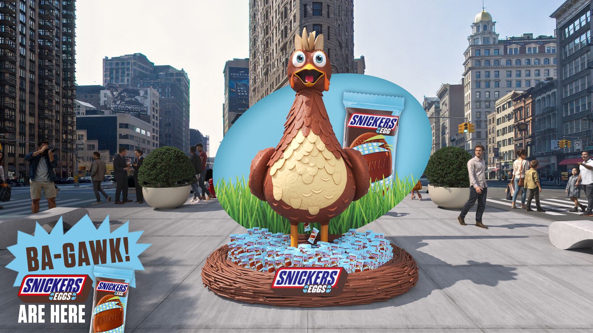 Snickers' Easter chicken which will lay Easter eggs on the hour in New York City as a marketing stunt.