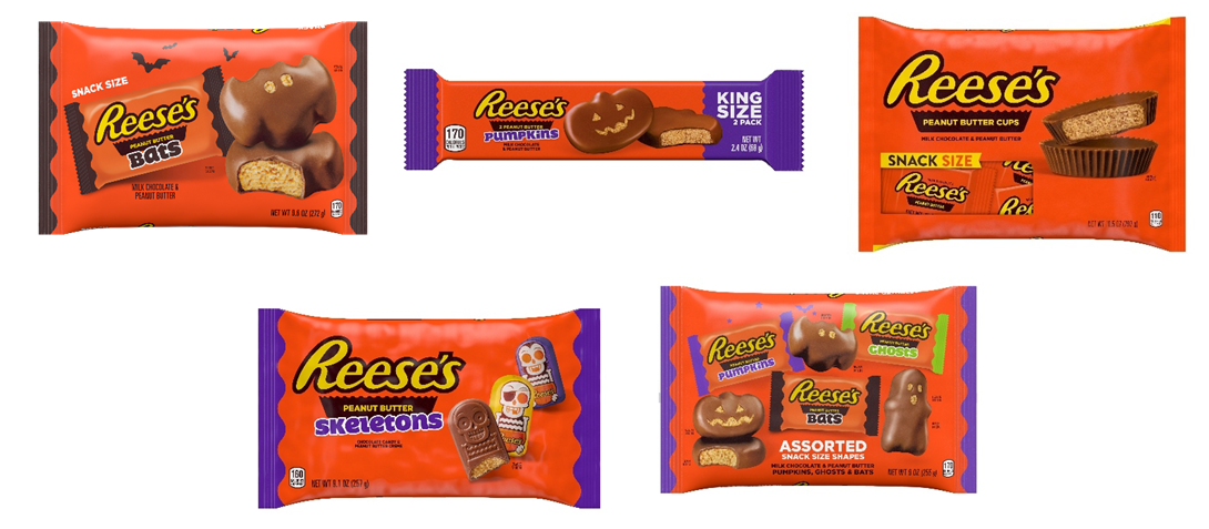 Reese’s Halloween peanut butter chocolate assortment featuring bats, pumpkins and skeletons – seasonal confectionery for UK retail.