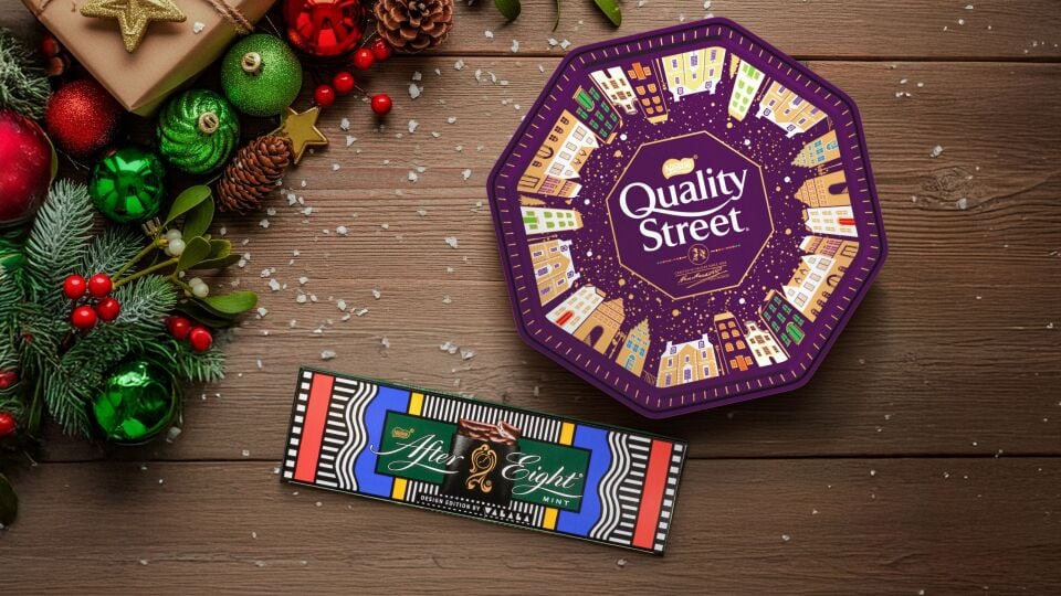 After Eight x Camille Walala limited‑edition pack—graphic design collaboration for Christmas 2025 UK.