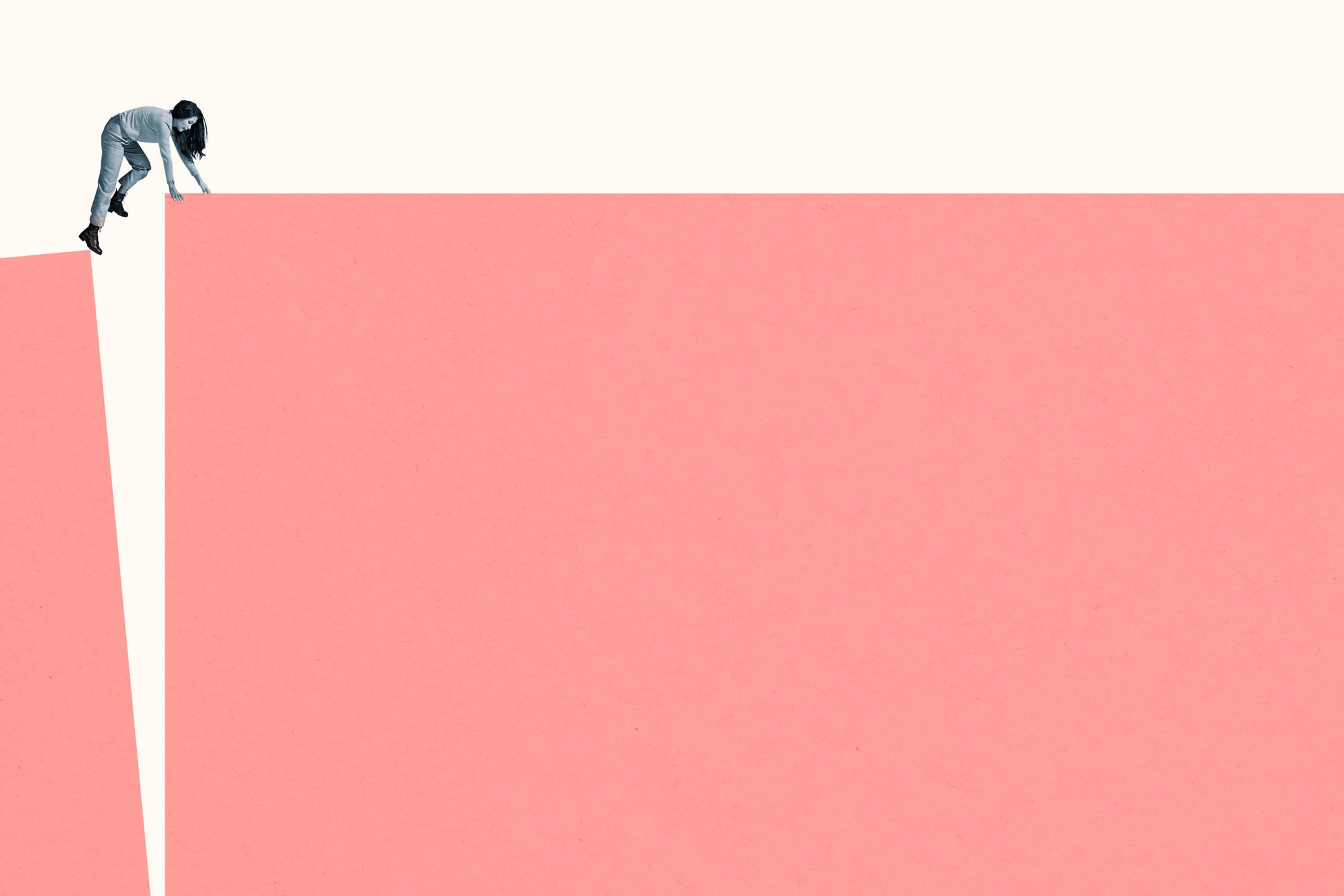 Full length side view of young woman climbing coral blocks against white background