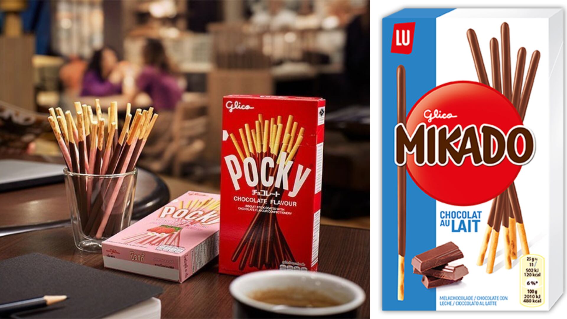 In Europe, Pocky (pictured left) is sold as Mikado (pictured right) – inspired by a popular European game of the same name where players take turns picking up a bundle of sticks without moving or touching any of the other sticks.