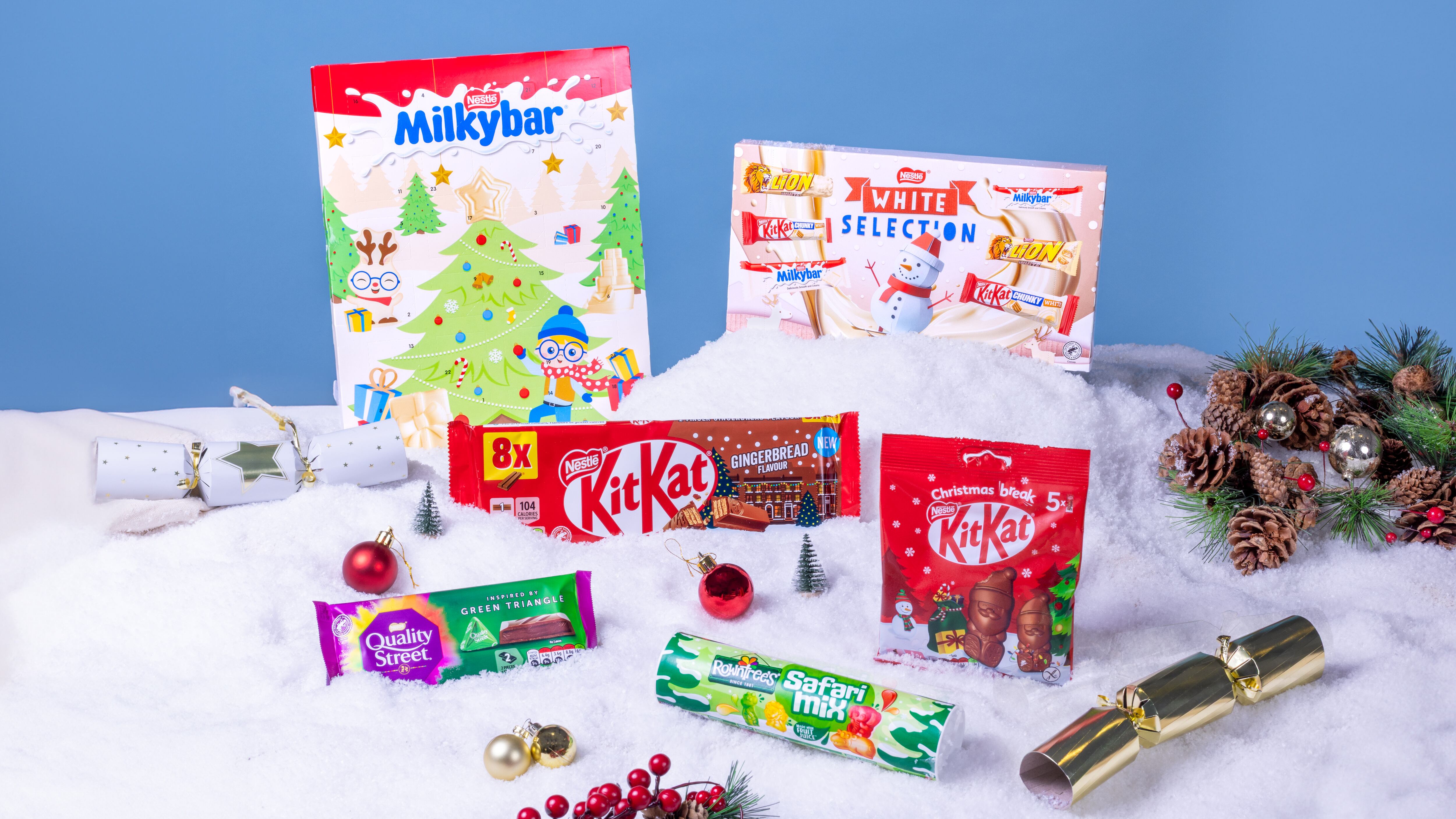 Christmas 2025 Nestlé Confectionery NPD lineup including Quality Street Green Triangle bar, KitKat Gingerbread 2F, Milkybar Advent Calendar, After Eight x Walala, Aero Caramel and Rowntree’s Giant Tubes