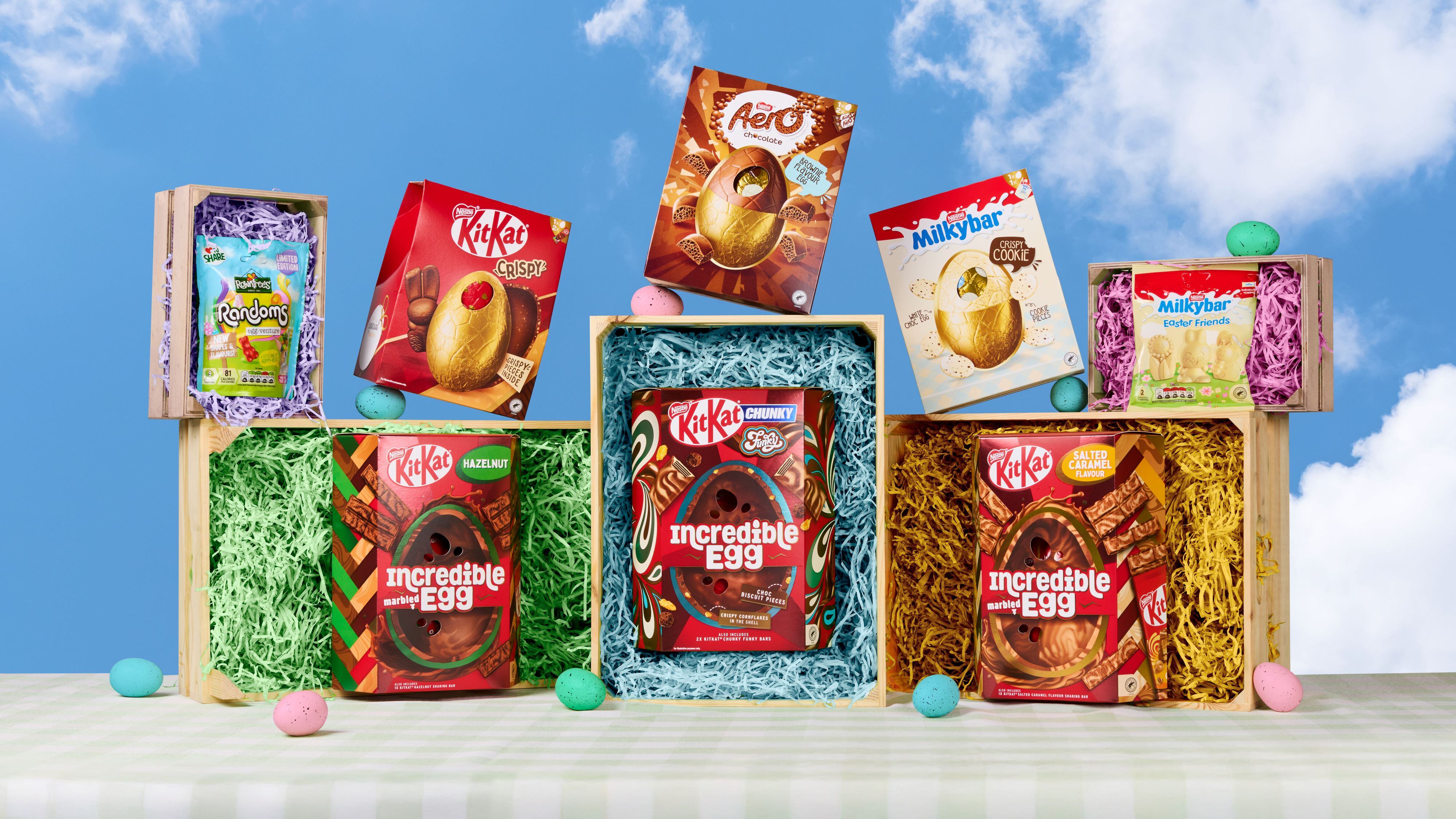 Assortment of Nestlé Easter 2026 chocolate and sweet products.