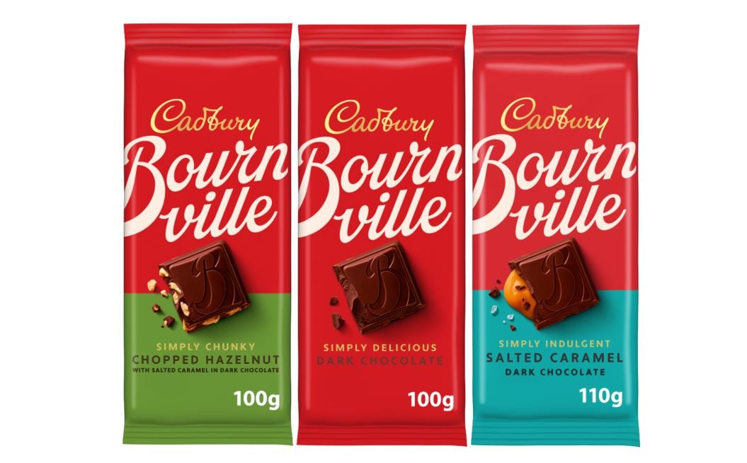 Flat lay of new confectionery products including chocolate bars, biscuits, and gummies in vibrant packaging, showcasing trending flavours like pistachio, spicy raspberry, and salted caramel.