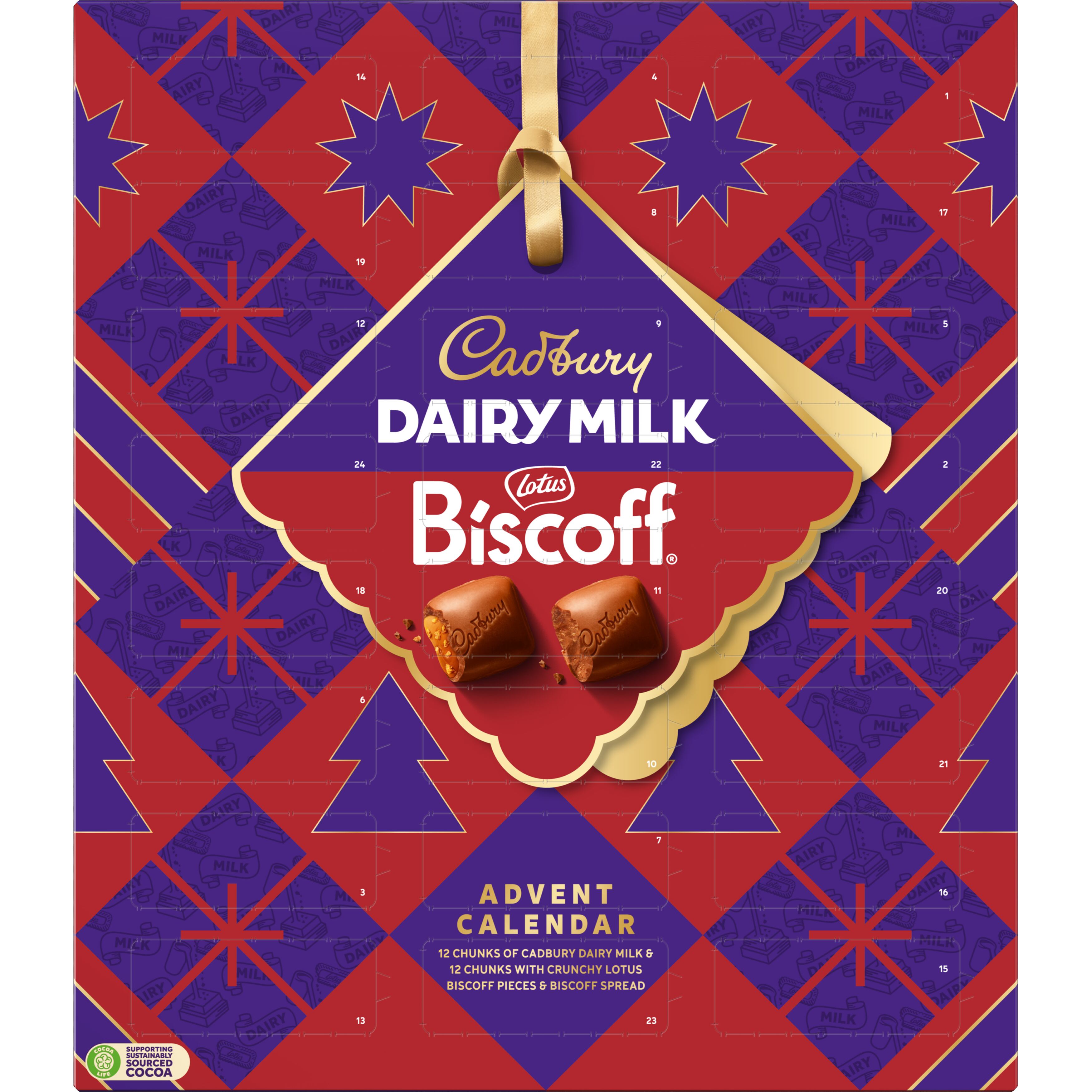 Cadbury Dairy Milk Biscoff Advent Calendar 2025 with Lotus Biscoff chocolate chunks.