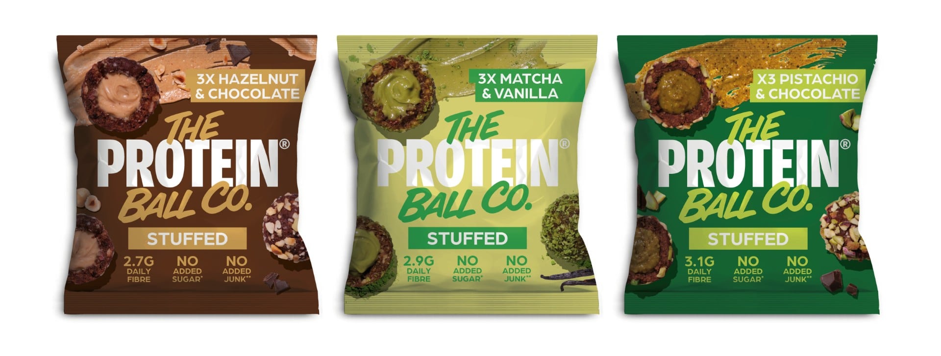 Protein Ball Co Stuffed balls in pistachio, matcha and hazelnut variants.