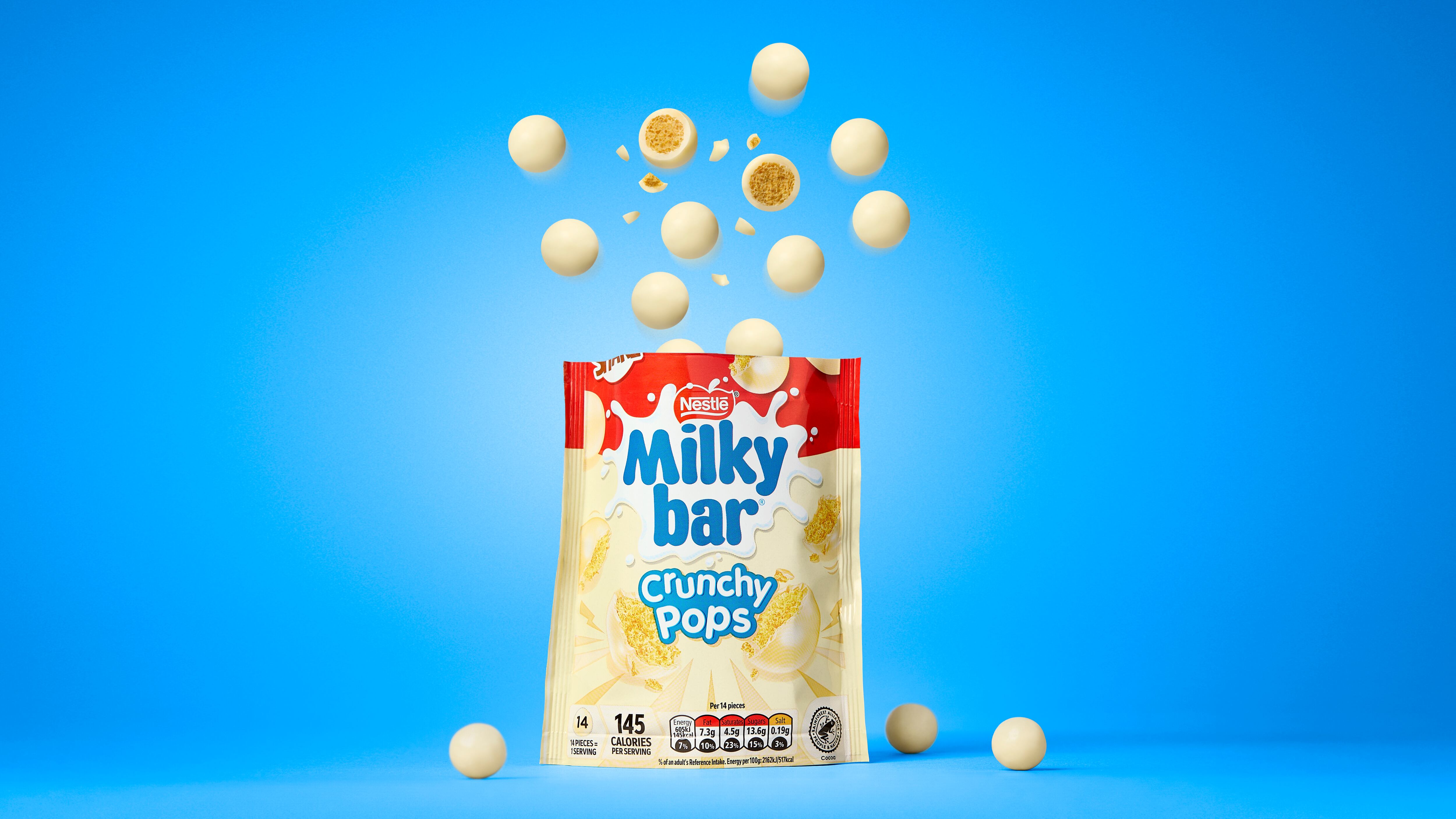 Milkybar Crunchy Pops white chocolate sharing bag.