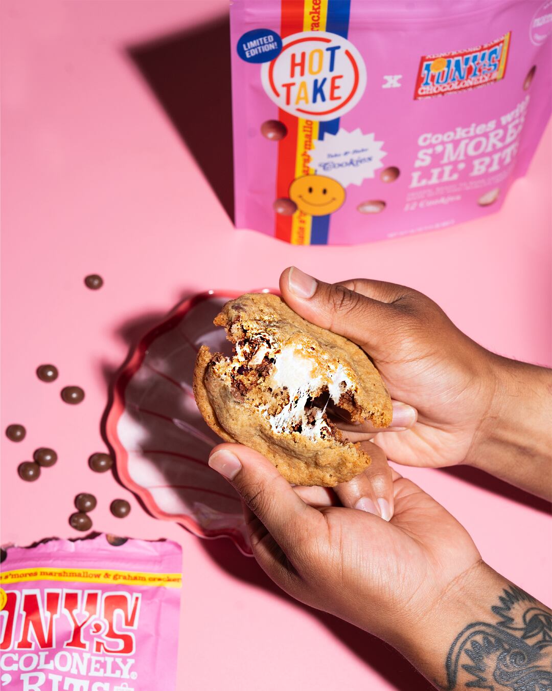 Limited-edition s’mores cookie dough collaboration with Tony’s Chocolonely chocolate and Hot Take Dough – ethical summer confectionery launch with traceable ingredients and nostalgic flavour.