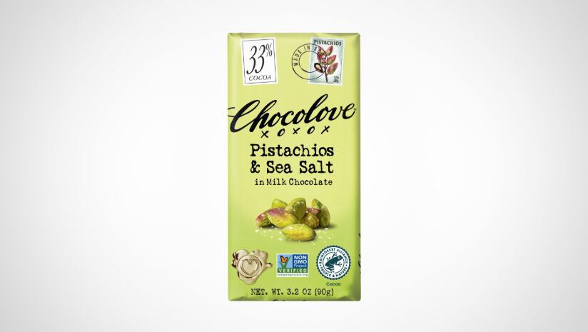 A packshot of Chocolove Pistachio and Sea Salt