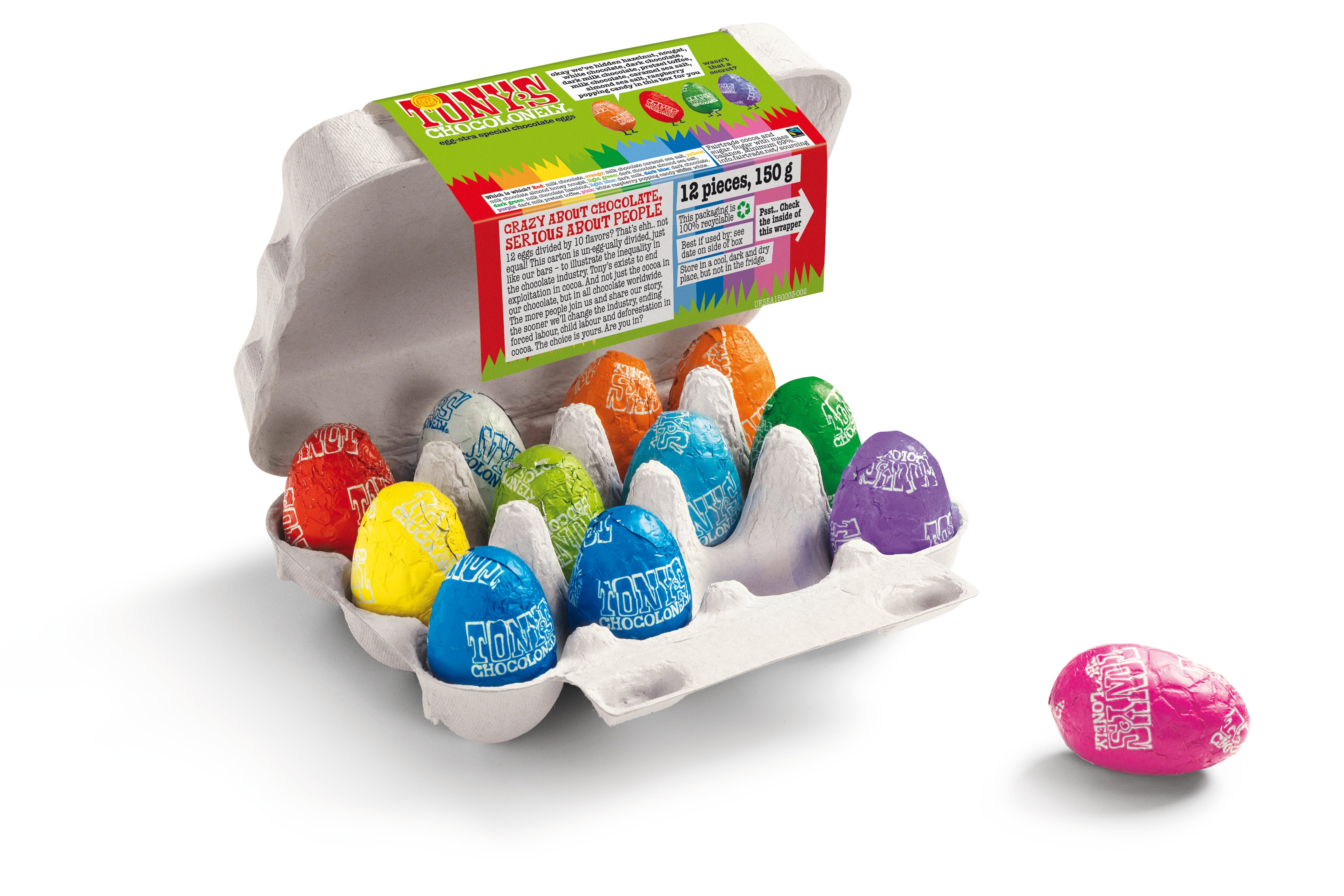 A box of a dozen Tony's Chocolonely small Easter eggs.