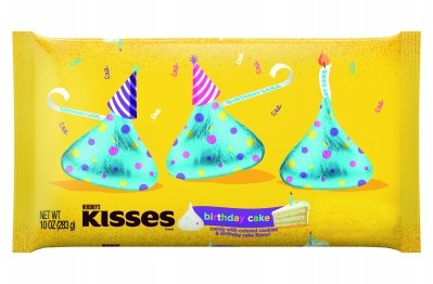 Hershey taps birthday sales with Kisses and Reese’s SKUs. Hershey’s Kisses Birthday Cake Candies in 10 oz. bags for SRP $3.54 pictured.