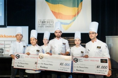 Six finalists competed at an in-person competition, with the winner, runner-up and press selection holding their prizes. (Photo courtesy of Valrhona and StarChefs)