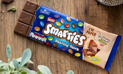 Nestlé’s Smarties sharing block is now wrapped in recyclable paper. Pic: Nestlé 