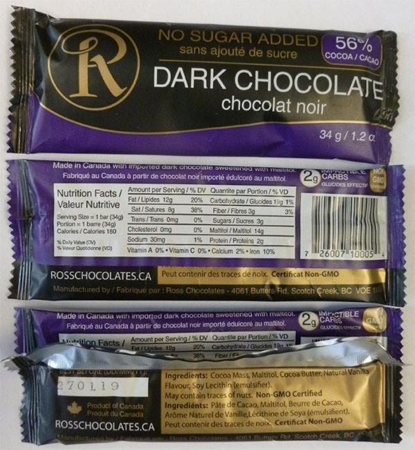 Ross Chocolates’ No Sugar Added Dark Chocolate chocolate bars was recalled due to its undeclared milk  Source: CFIA