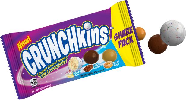 Crunchkins are candy poppers that come in three flavors, birthday cake, fudge brownie and glazed donut  Source: Bazooka Candy Brands