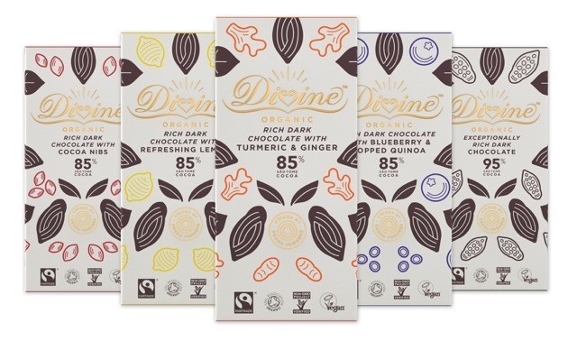 Divine Chocolate Organic featuring Fairtrade cocoa sourced from CECAQ-11 farmers’ co-operative in São Tomé. Pic: Divine Chocolate